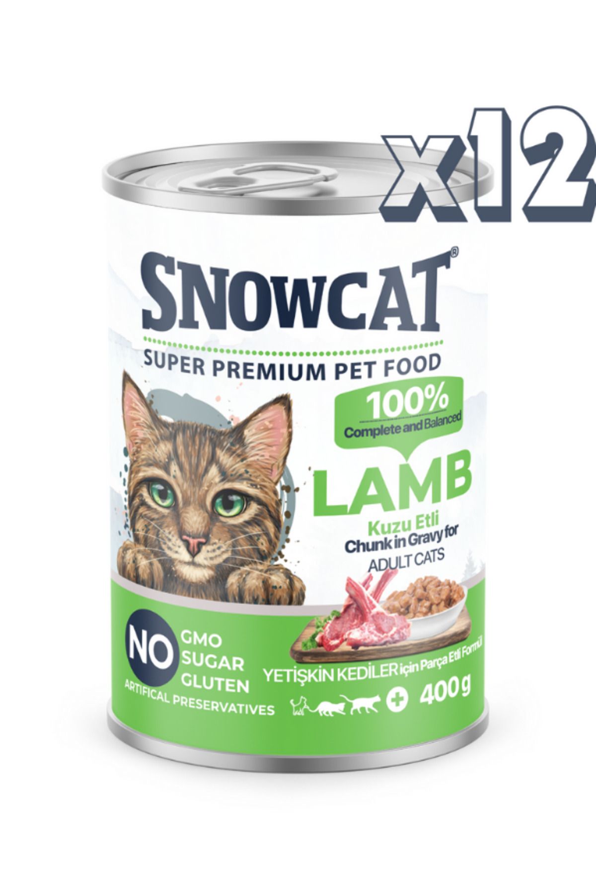 Snow Cat Premium Parça Etli Kuzulu Kedi Konservesi 12 Adet*400 G