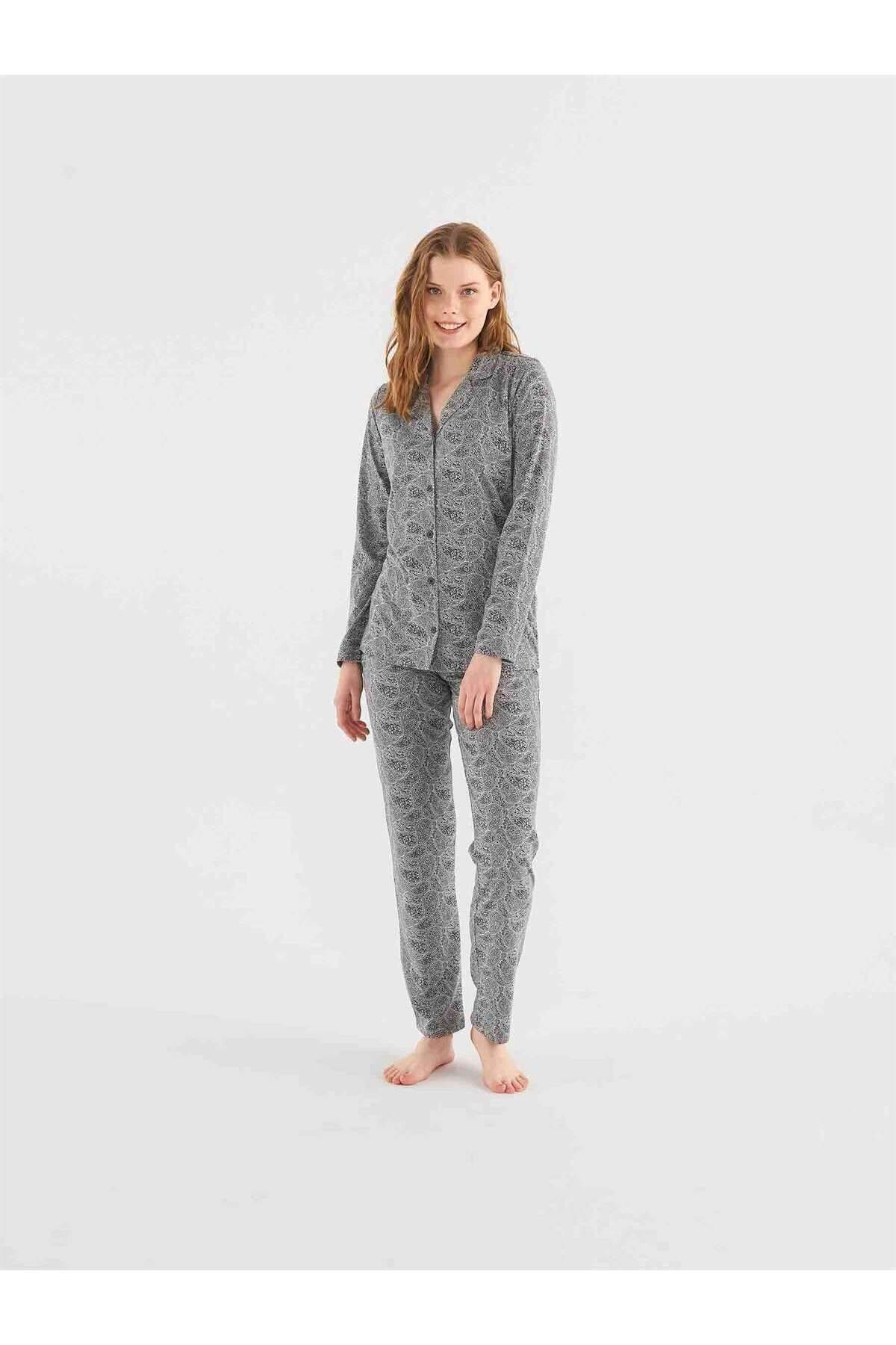 Mod Collection 023K37ZE9TA9GRP MOD COLLECTION Kadın Gri Melanj Boydan Patlı Pijama Takım 023K37ZE9TA9GRP