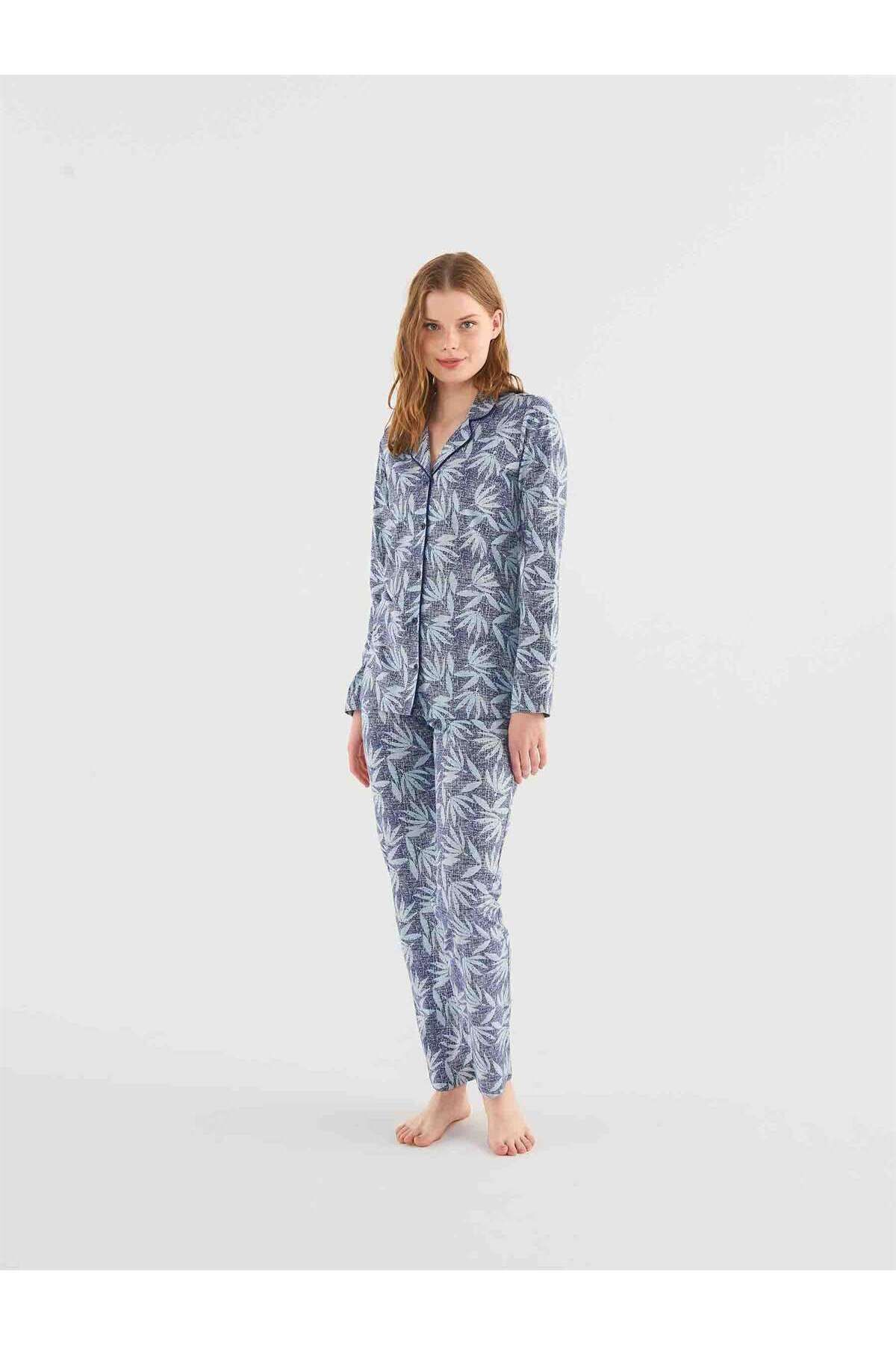 Mod Collection Kadın Mavi Boydan Patlı Pijama Takım