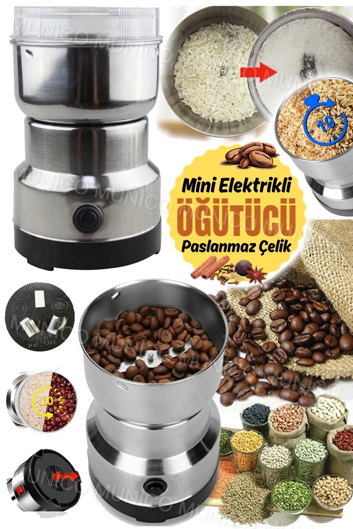 Munico Baharat Kahve Öğütücü Elektrikli Hızlı Öğütücü Çok İşlevli Parçalama Makinesi Kuru Tahıl Değirmeni
