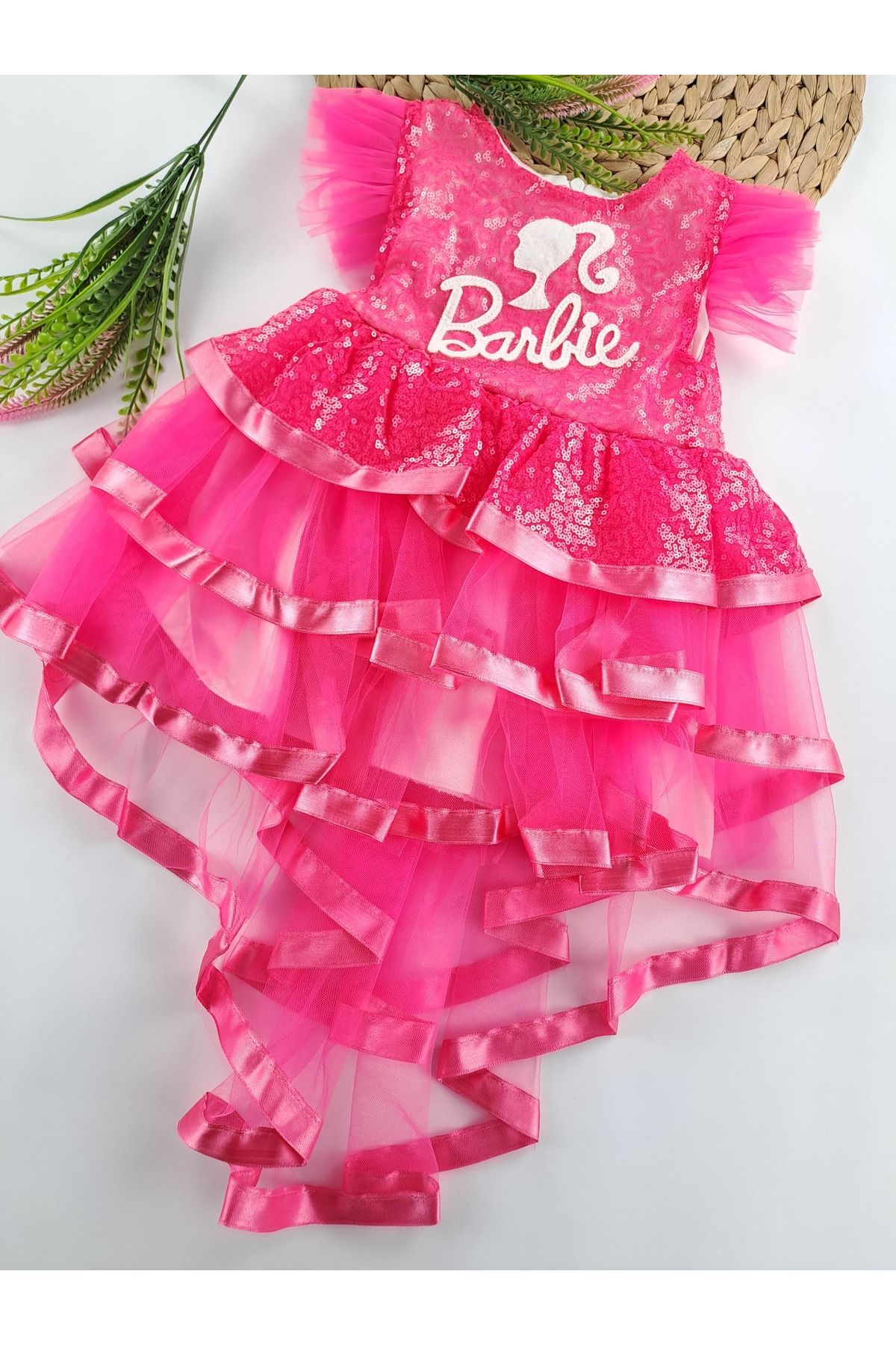 Barbie Kız Çocuk Barbie Abiye Elbise Astarlı Üst Kısım Pullu Kuyruk Detaylı
