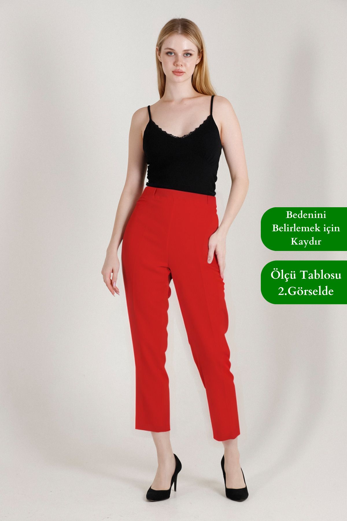 Balenbi 1005 Kırmızı Havuç Paça Yüksek Bel Likralı Dokuma Kadın Pantolon