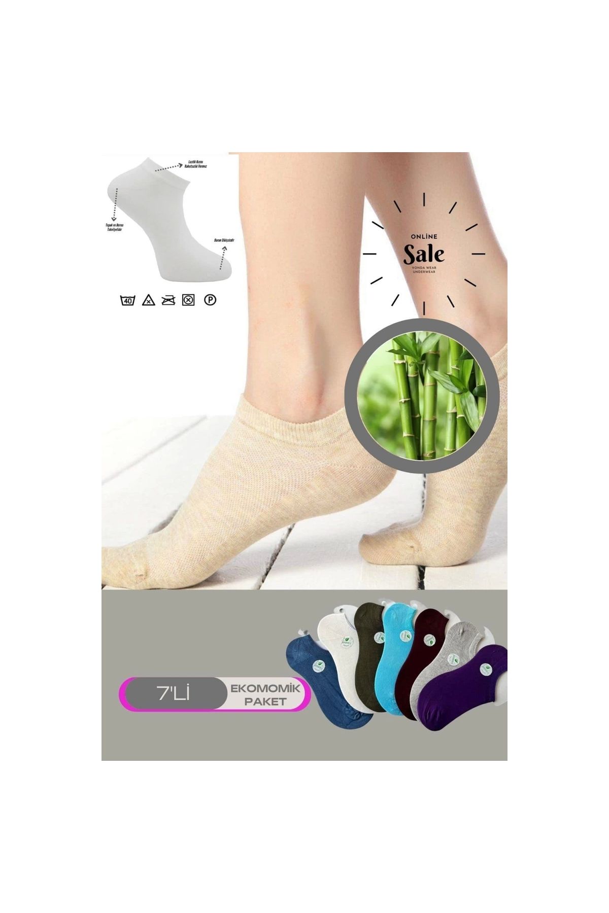 Narnuga Modlive Çok Rekli 7 Li Bambu Topuk Burun Dikişsiz Takviyeli Kadın Sneakers Çorap 1005-çokrekli-7li