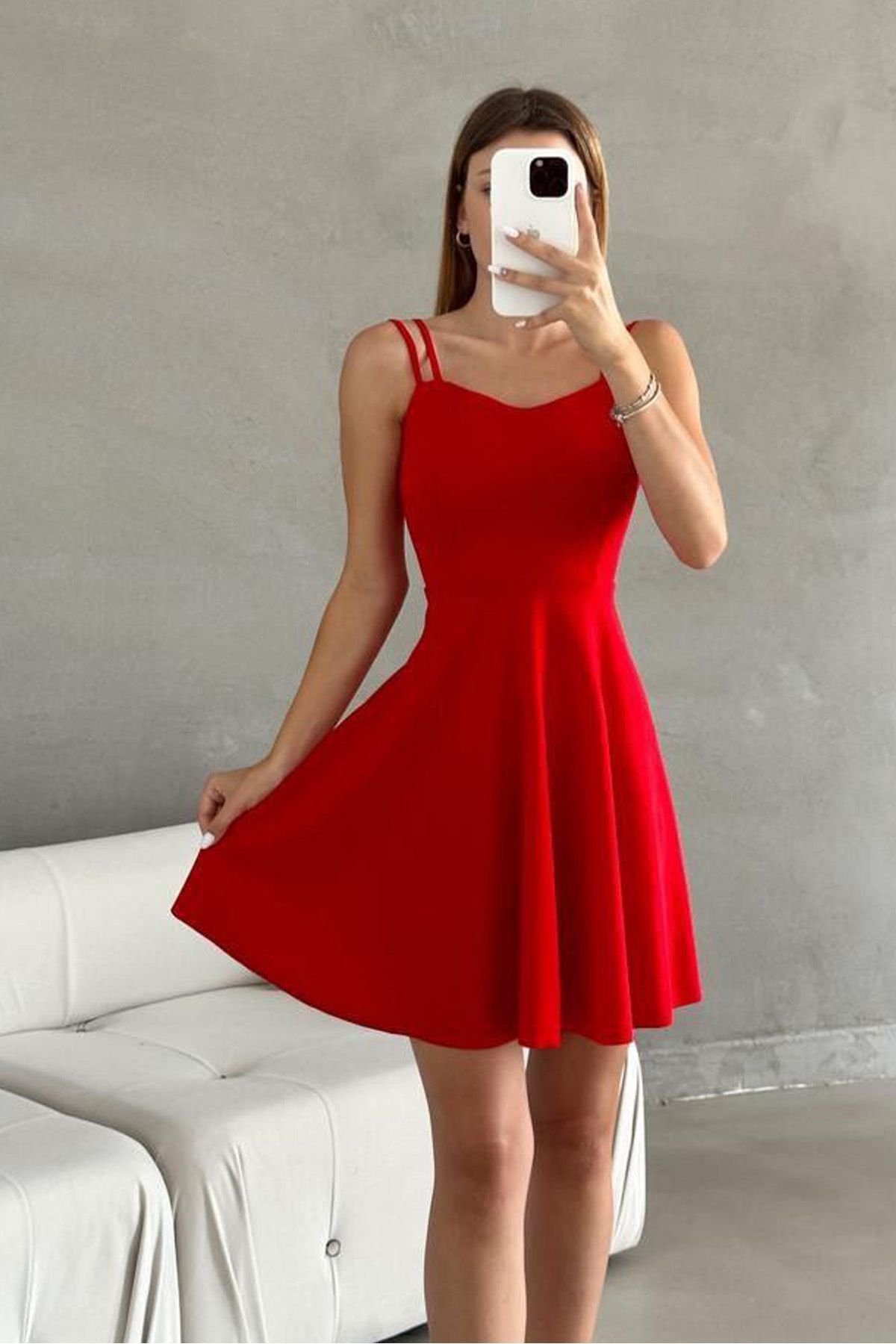 RURIS Kadın Kırmızı Çift Askılı Kalp Yaka  Scuba Krep Mini Abiye Mezuniyet Elbisesi