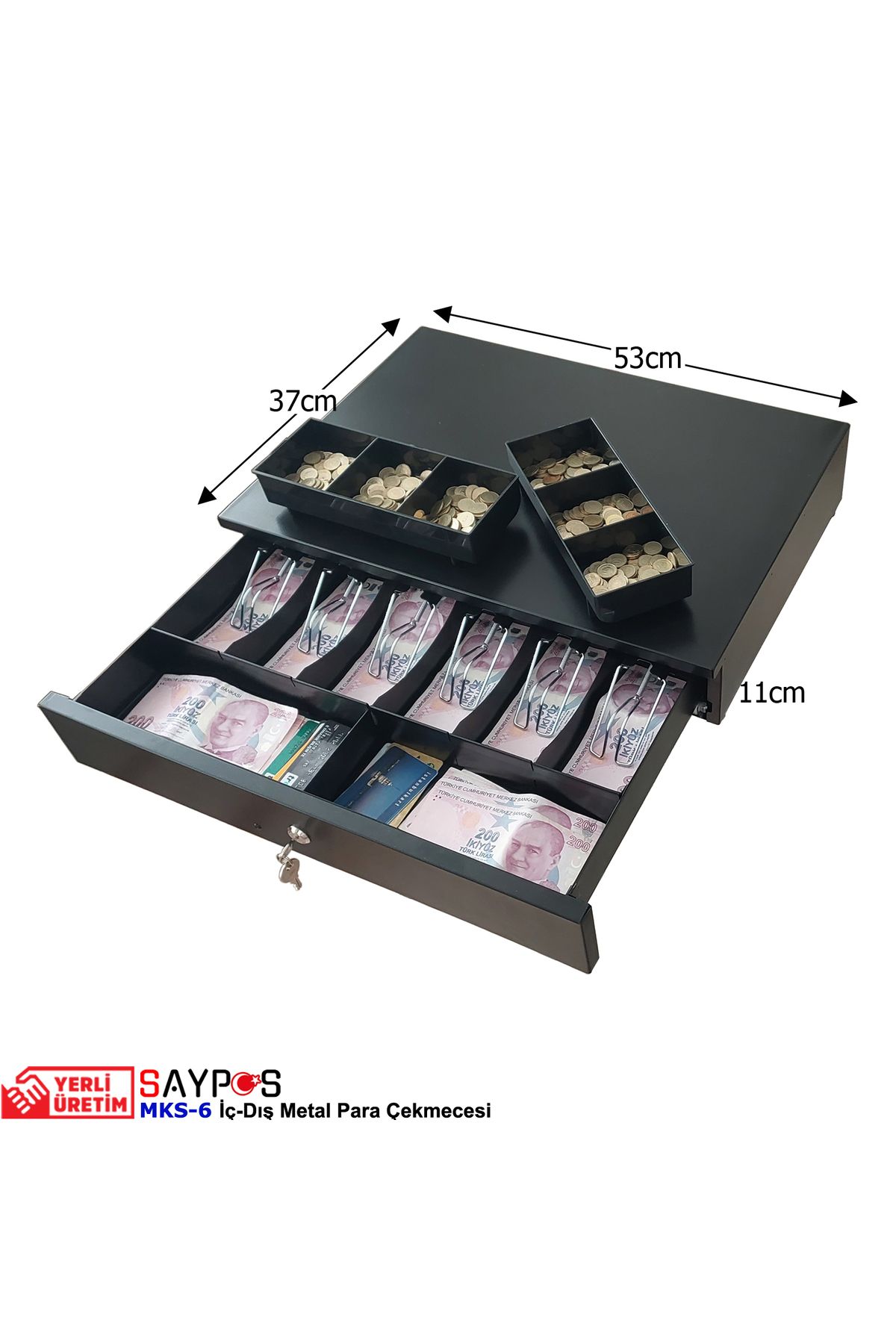 SAYPOS 6 Banknot Gözlü Iç-dış Full Metal Kırılmaz Para Çekmecesi Anahtardan Otomatik Açılır 53x37x11cm
