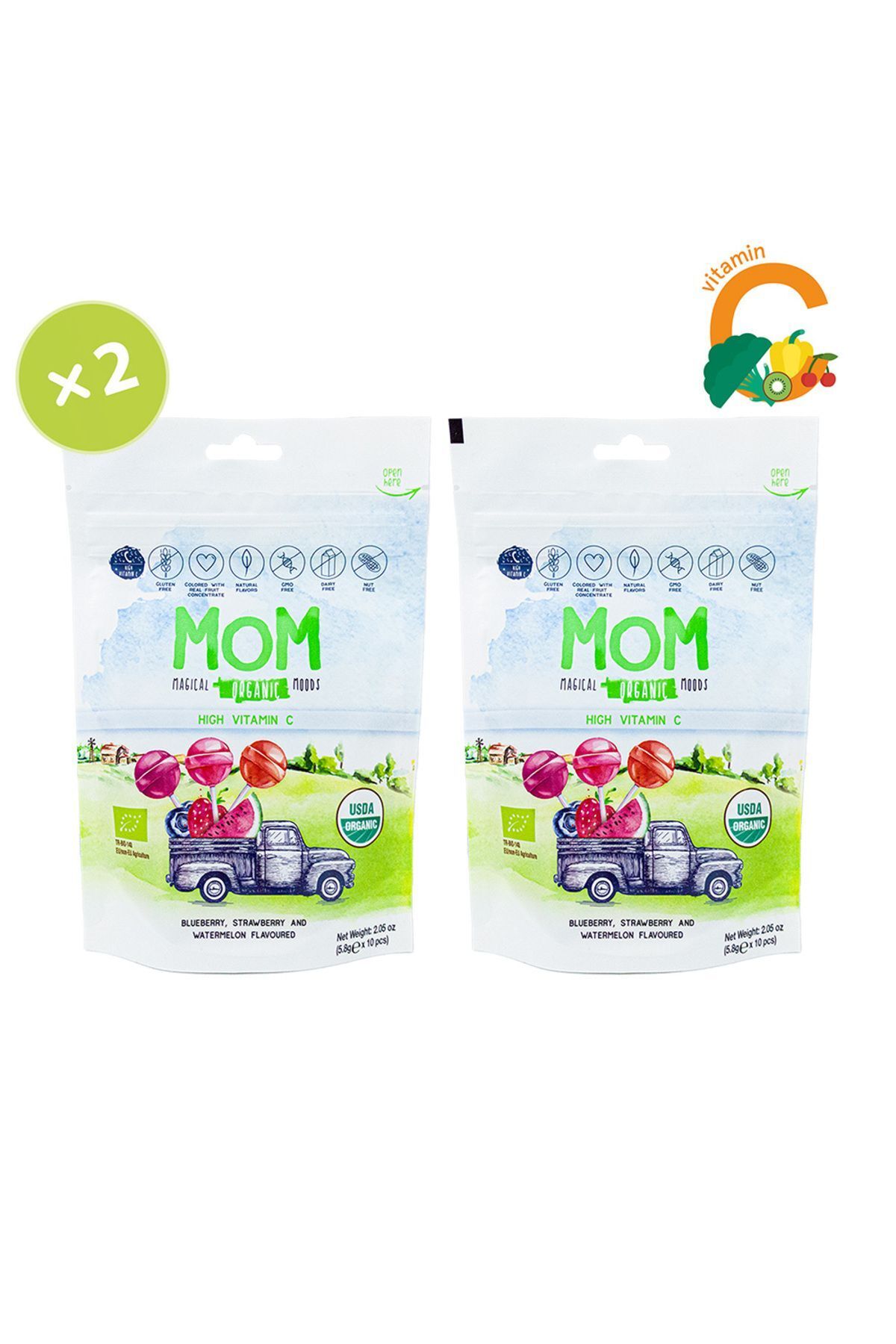 Mom 2'li Organik Lolipop (çilek, Karpuz, Yaban Mersini Ve C Vitamini) 20 Adet