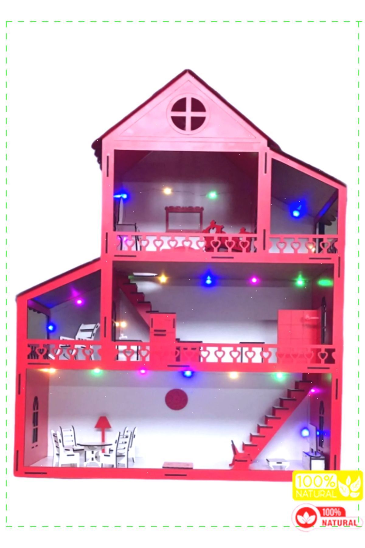 OMZ Ahşap Çocuk Oyun Evi Led Işıklı 80cm 21Eşya Kırmızı Kız Erkek Cocuk Egitici Montessori Oyuncaklar