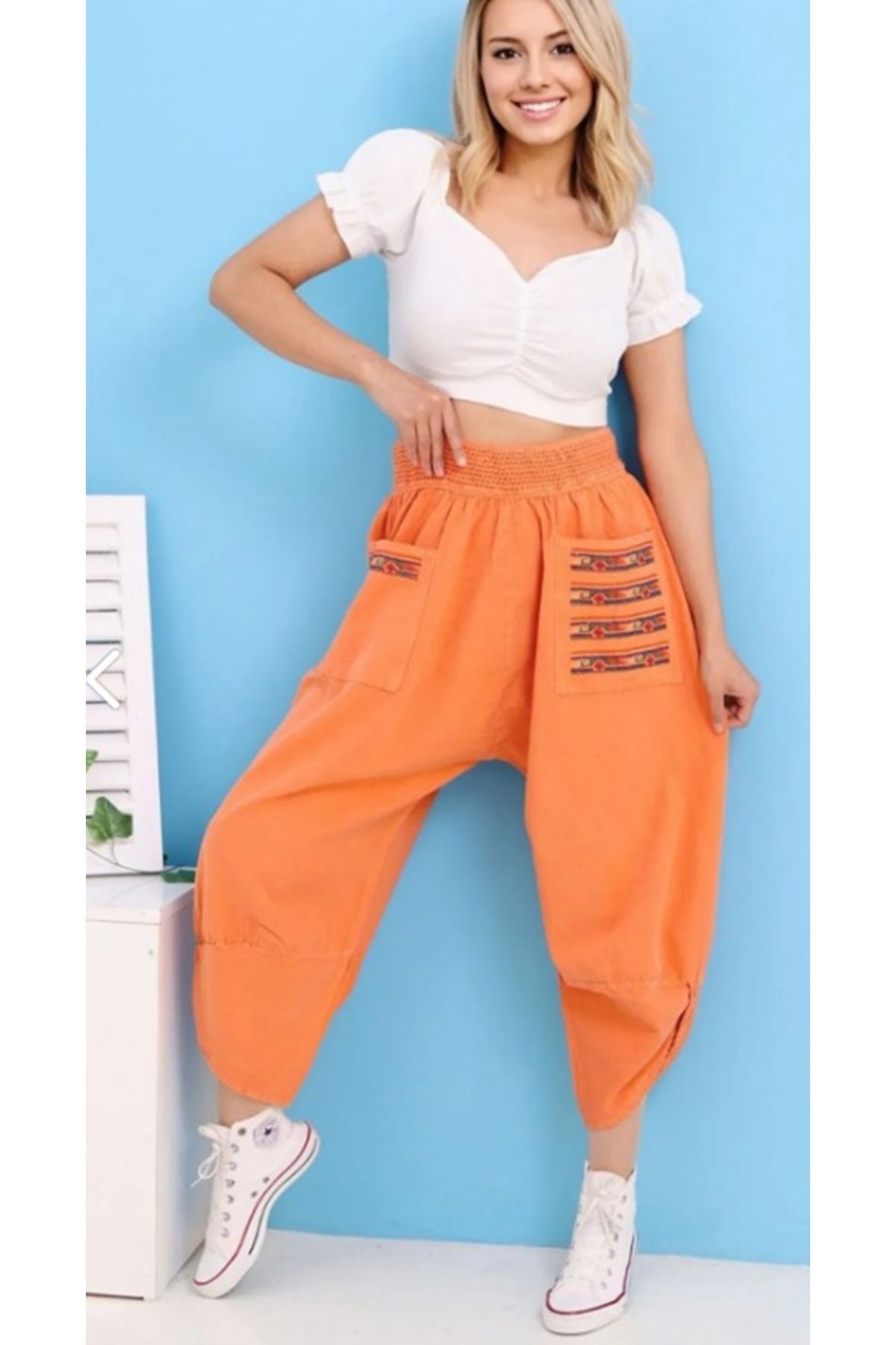 pier moda Nakışlı Keten Şalvar Pantolon Bohem Style-turuncu Renk-lastik Bel Pantolon-yoga