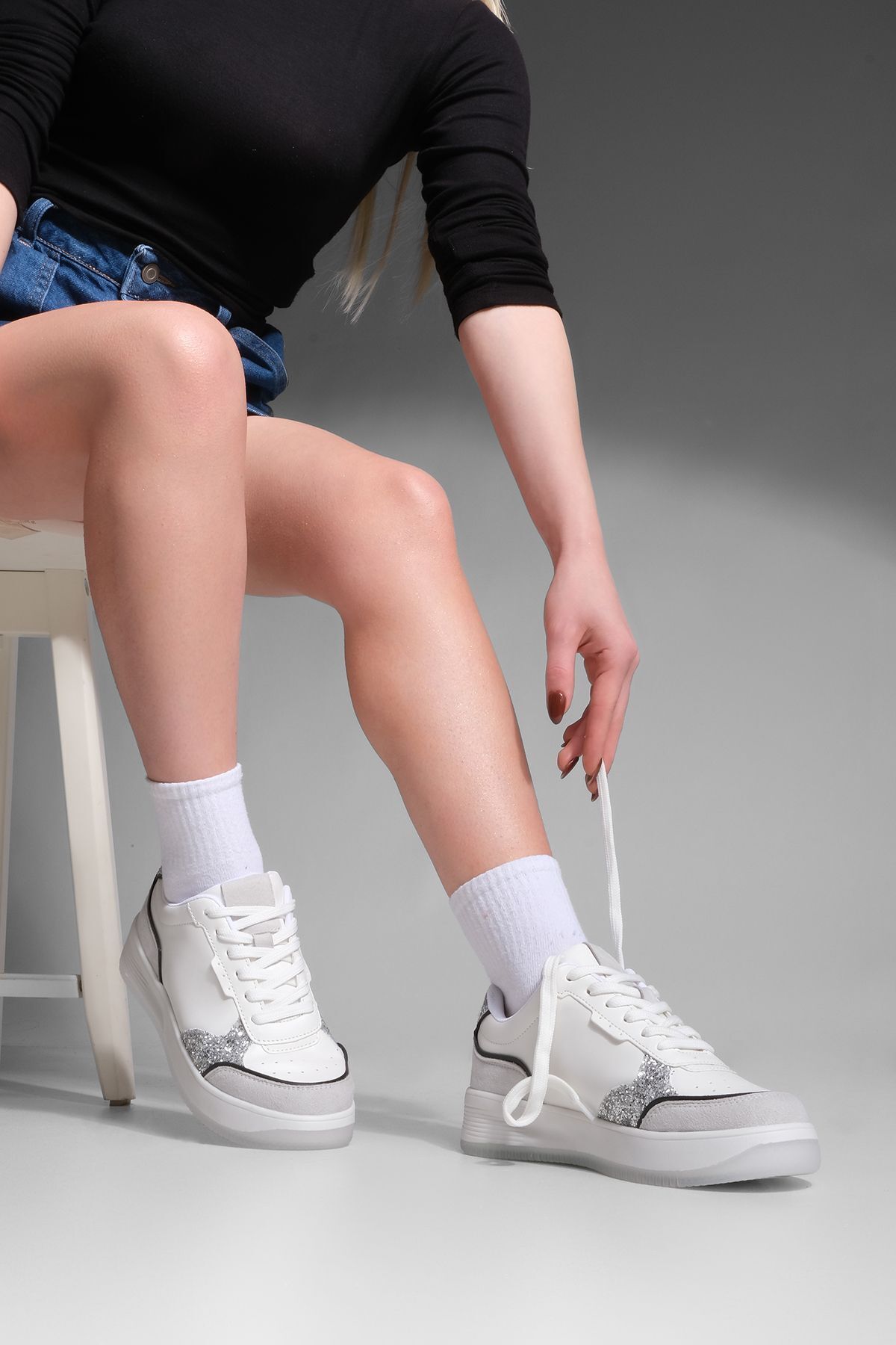 Marjin Kadın Sneaker Yüksek Taban Bağcıklı Pullu Spor Ayakkabı Tizay Gümüş