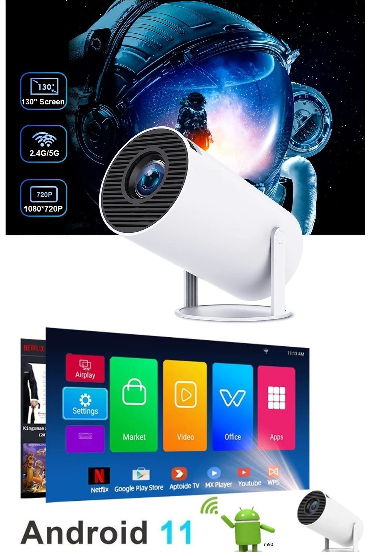 EN SİGA 1280 * 720P Akıllı WIFI projektörü Taşınabilir Bluetooth TV Ev sineması HDMI Android Mini projektör,