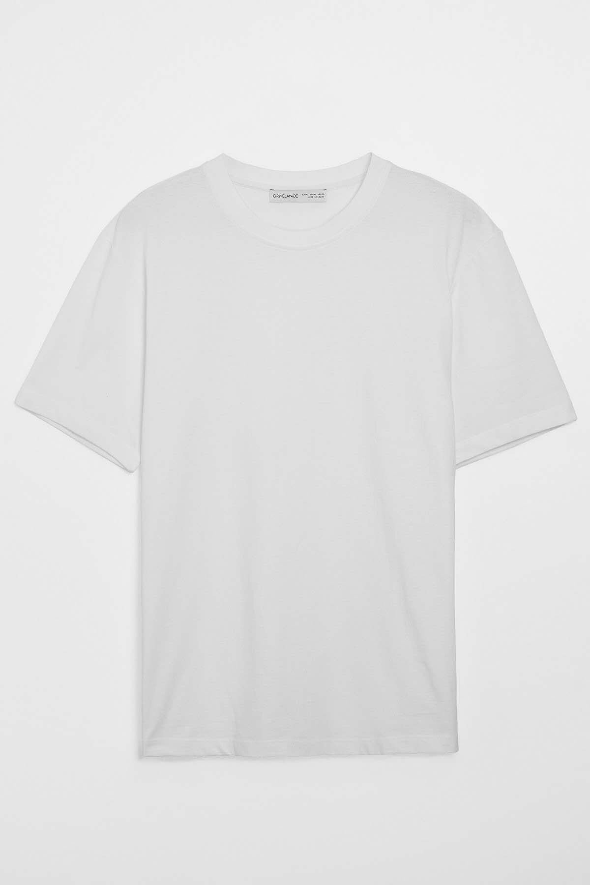 GRIMELANGE Solo Erkek Comfort Fit Kalın Dokulu Beyaz T-shirt