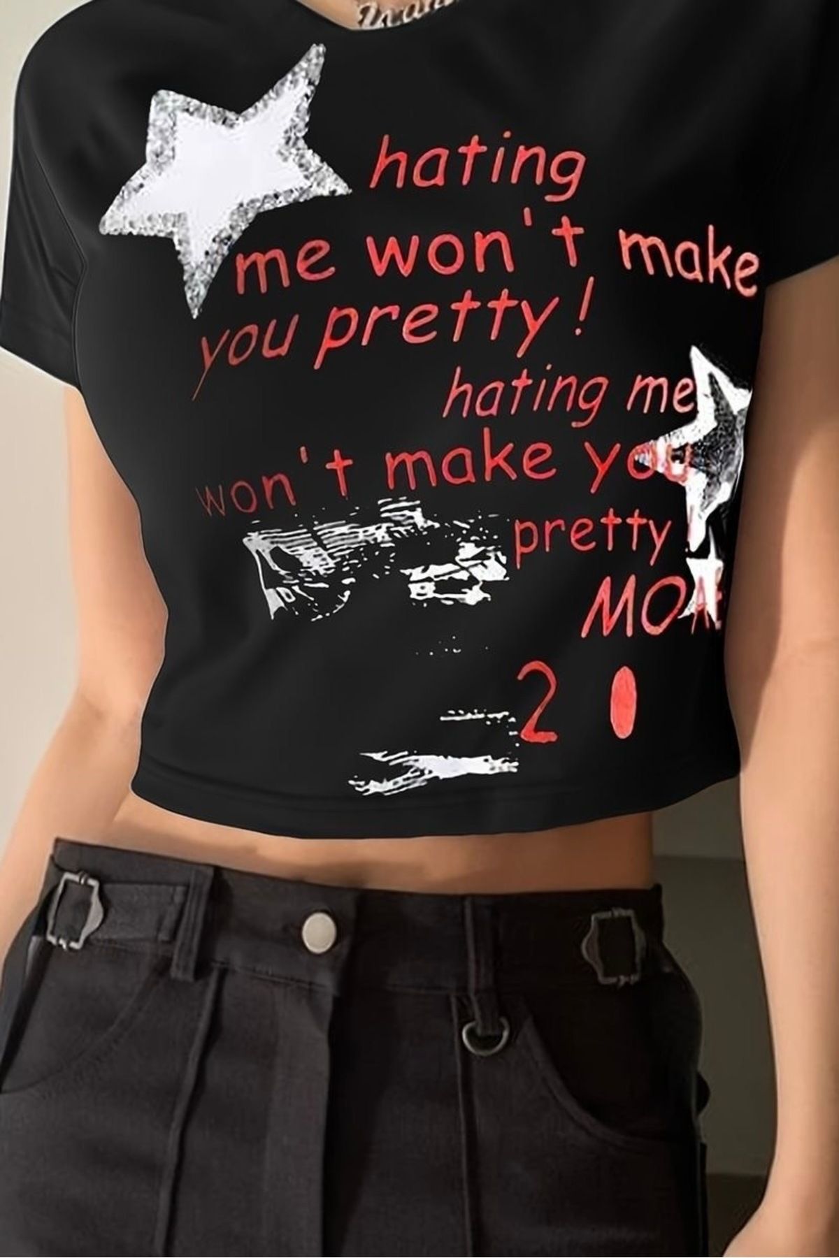 Ef Butik Siyah Slogan Star Print Crop