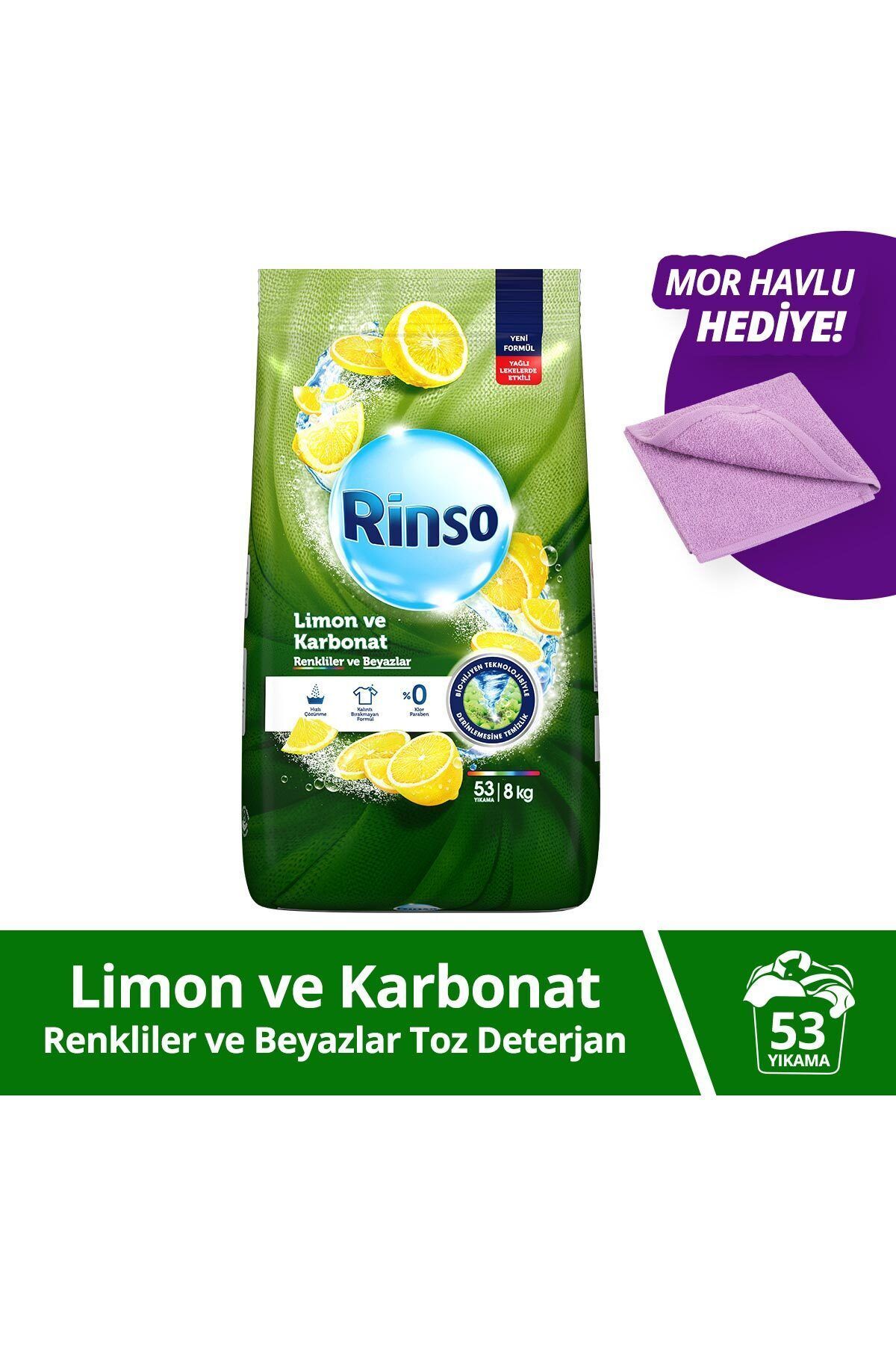 Rinso Toz Çamaşır Deterjanı Limon Ve Karbonat Renkliler Ve Beyazlar 8 Kg X1 1 Adet Havlu Hediye