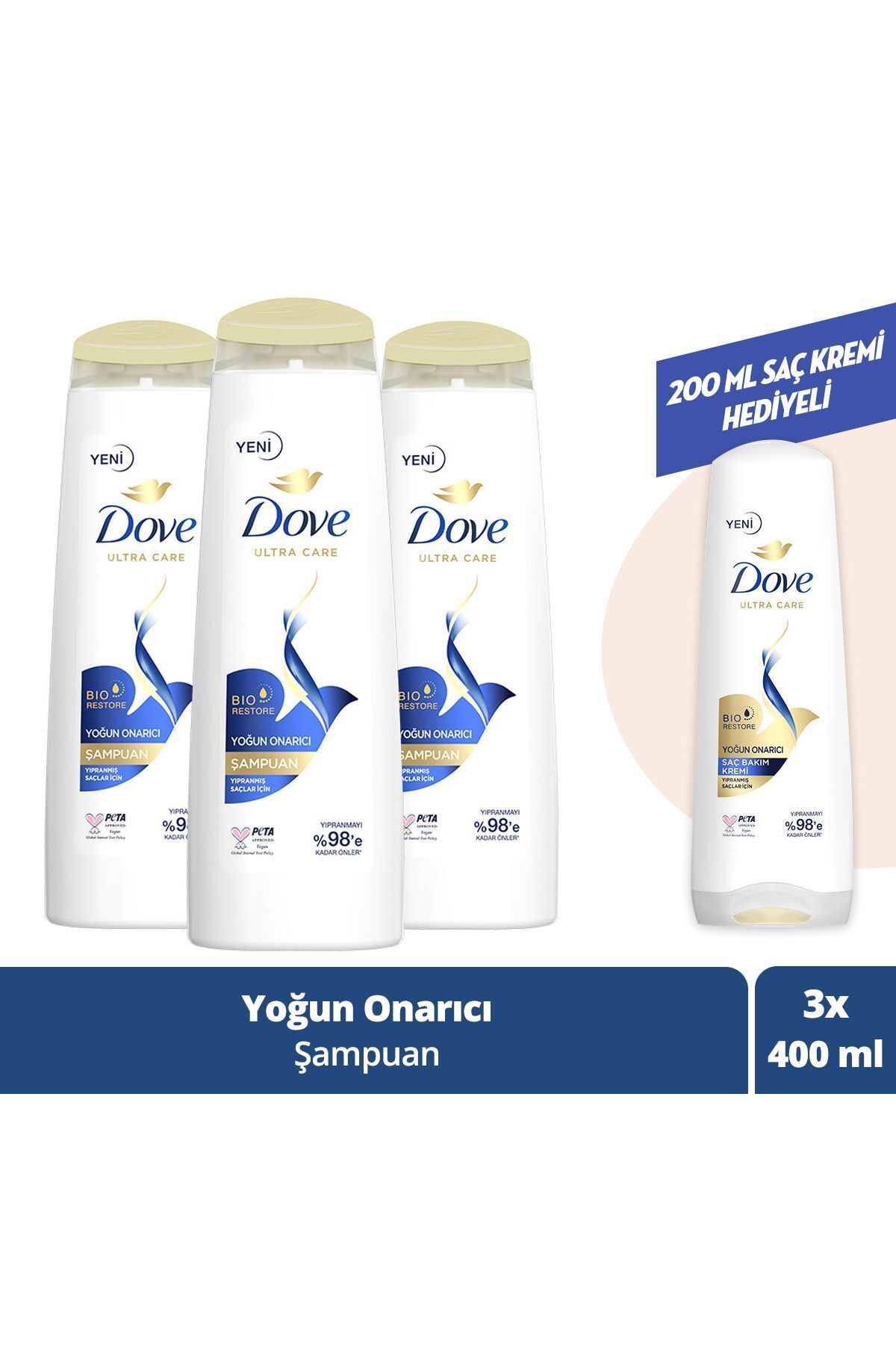 Dove Ultra Care Saç Bakım Şampuanı Yoğun Onarıcı Yıpranmış Saçlar 400 ml X3