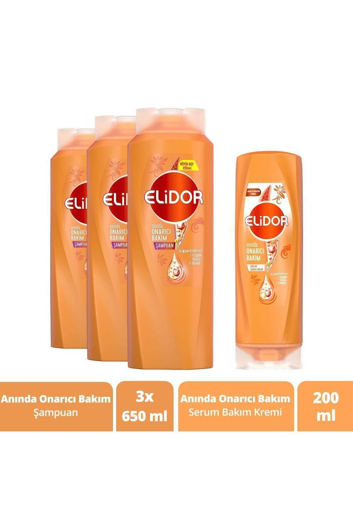Elidor Saç Bakım Seti Anında Onarıcı Şampuan 650 ml X3 ve Serum Bakım Kremi 200 ml