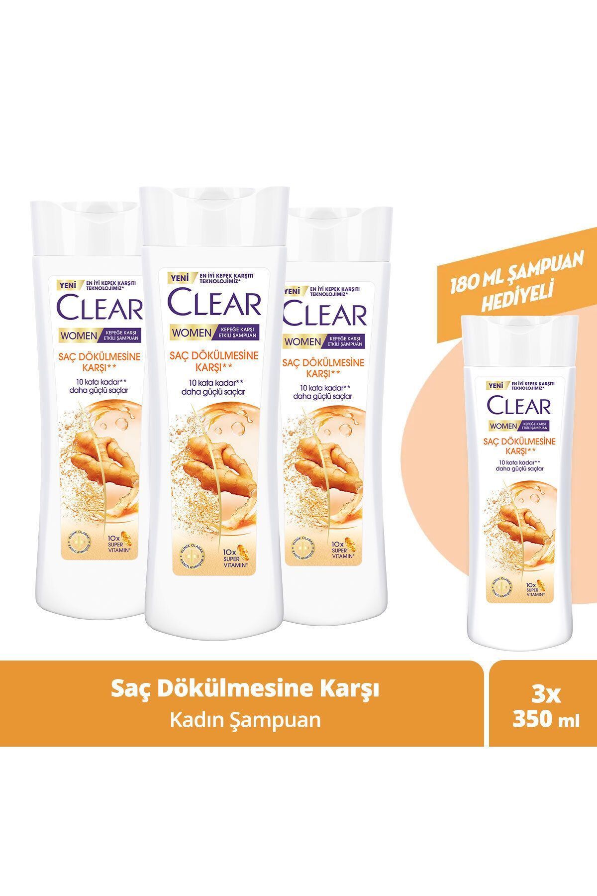Clear Women Kepeğe Karşı Etkili Şampuan Saç Dökülmesine Karşı 350 ml X3