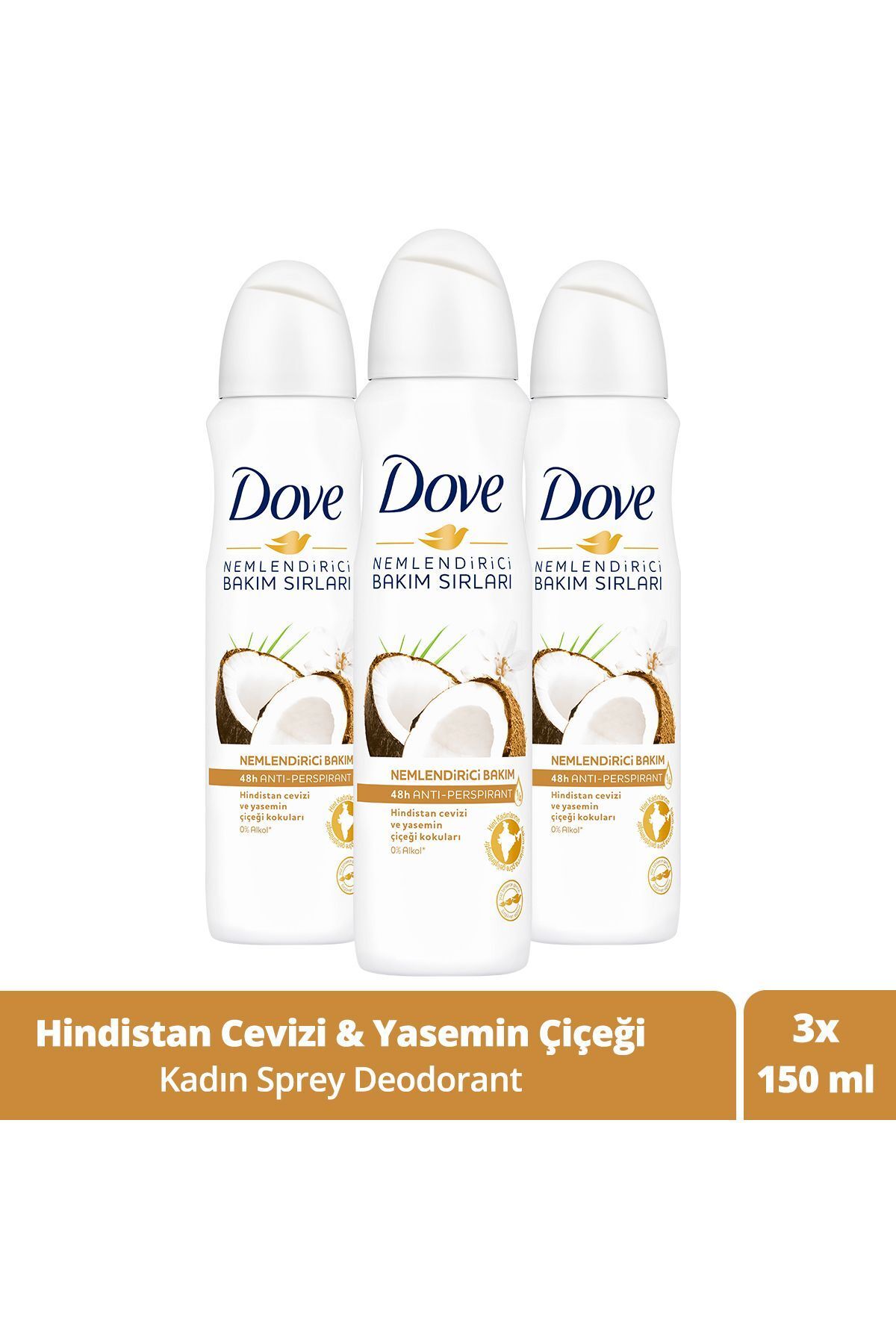Dove Kadın Sprey Deodorant Nemlendirici Bakım Hindistan Cevizi Ve Yasemin Çiçeği 150 ml X3 Adet