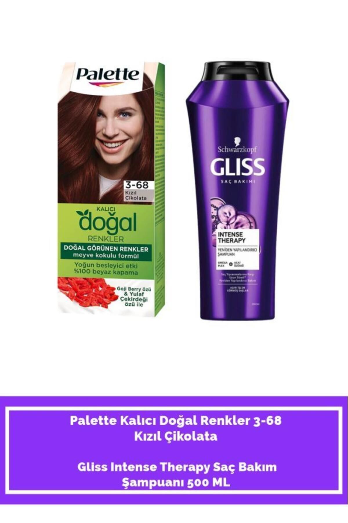 Palette Palette Kalıcı Doğal Renkler 3-68 Kızıl Çikolata+ Gliss Intense Therapy Saç Bakım Şampuanı 500 ML