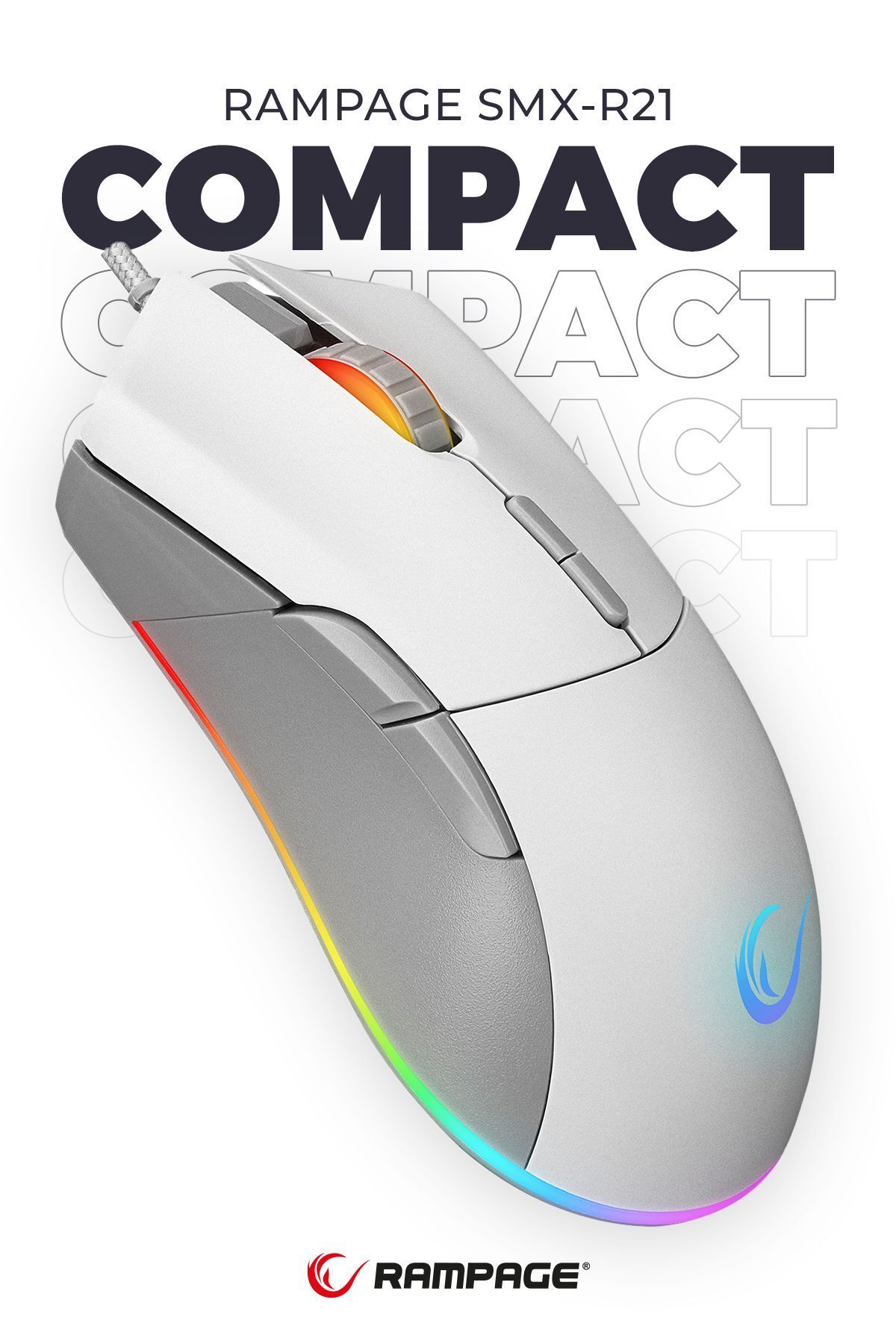 Rampage Smx-r21 Compact Usb Beyaz Rgb Ledli Makrolu 12800dpi / 1000hz Drag Click Gaming Oyuncu Mouse