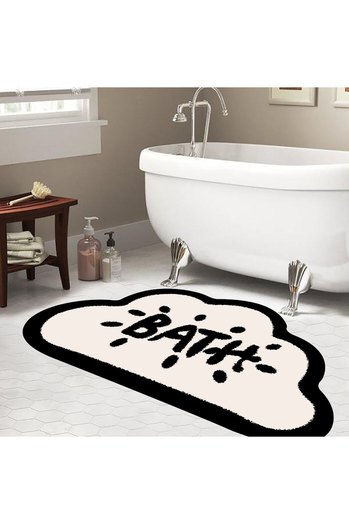 eco concept Kaymaz Taban, Bulut Desenli, Bath Yazılı Banyo Paspası, Dekoratif Paspas, 60x100 Cm