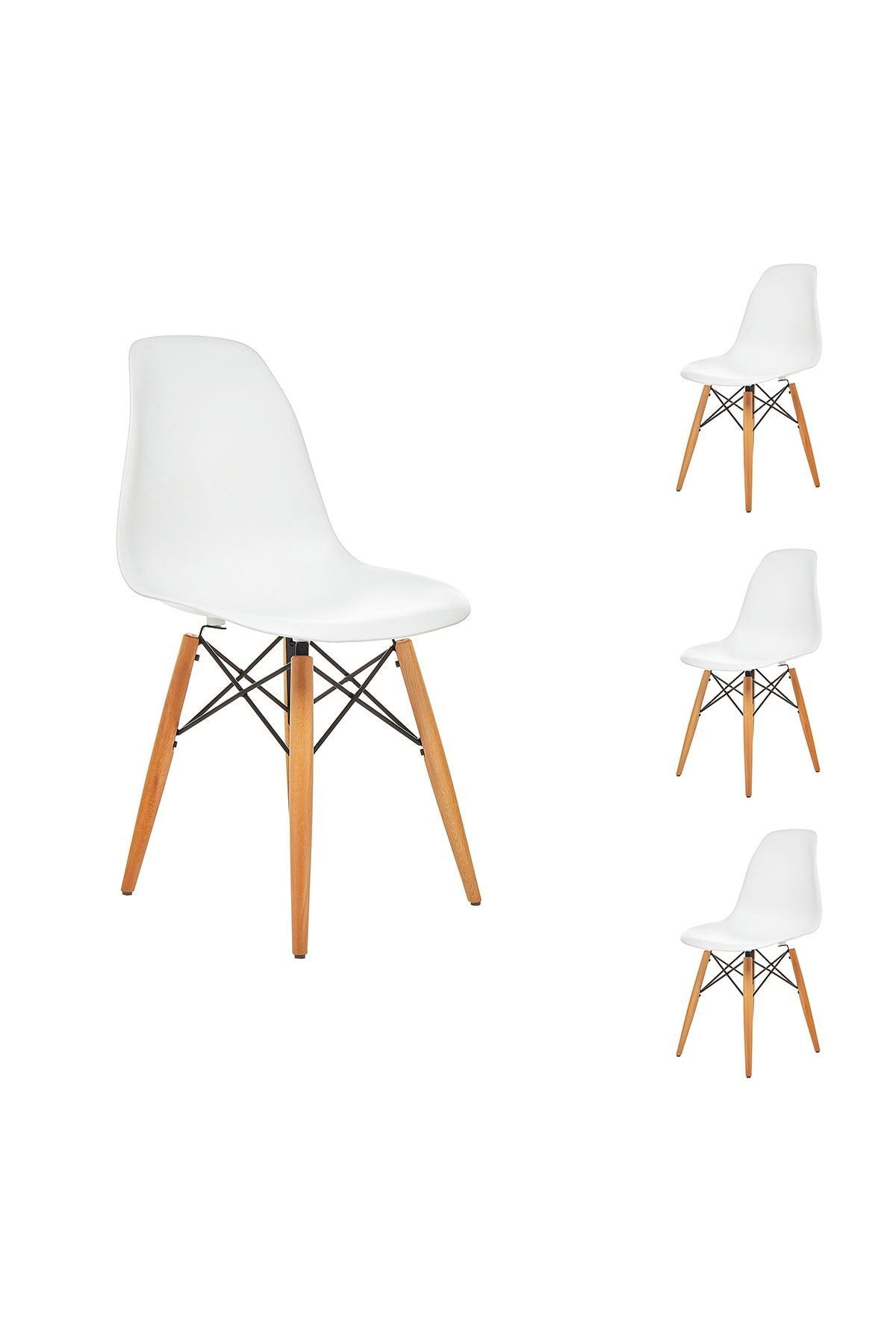 Seduna Beyaz Eames Sandalye Natural Ahşap Ayaklı | 4 Adet