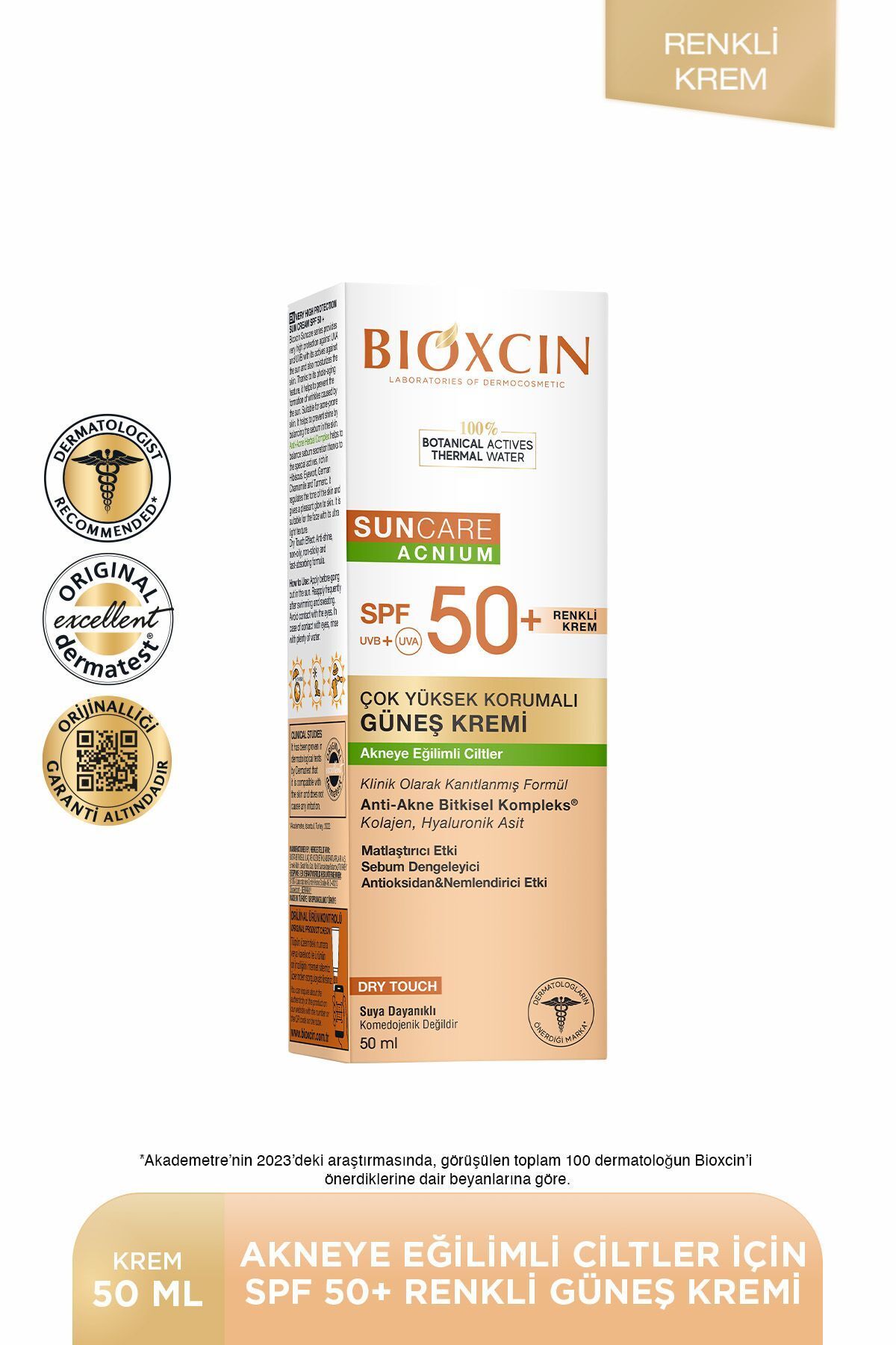 Bioxcin Sun Care Akneye Eğilimli Ciltler Için Renkli Güneş Kremi 50 Spf - Tinted, Akne, Dry Touch, Mat