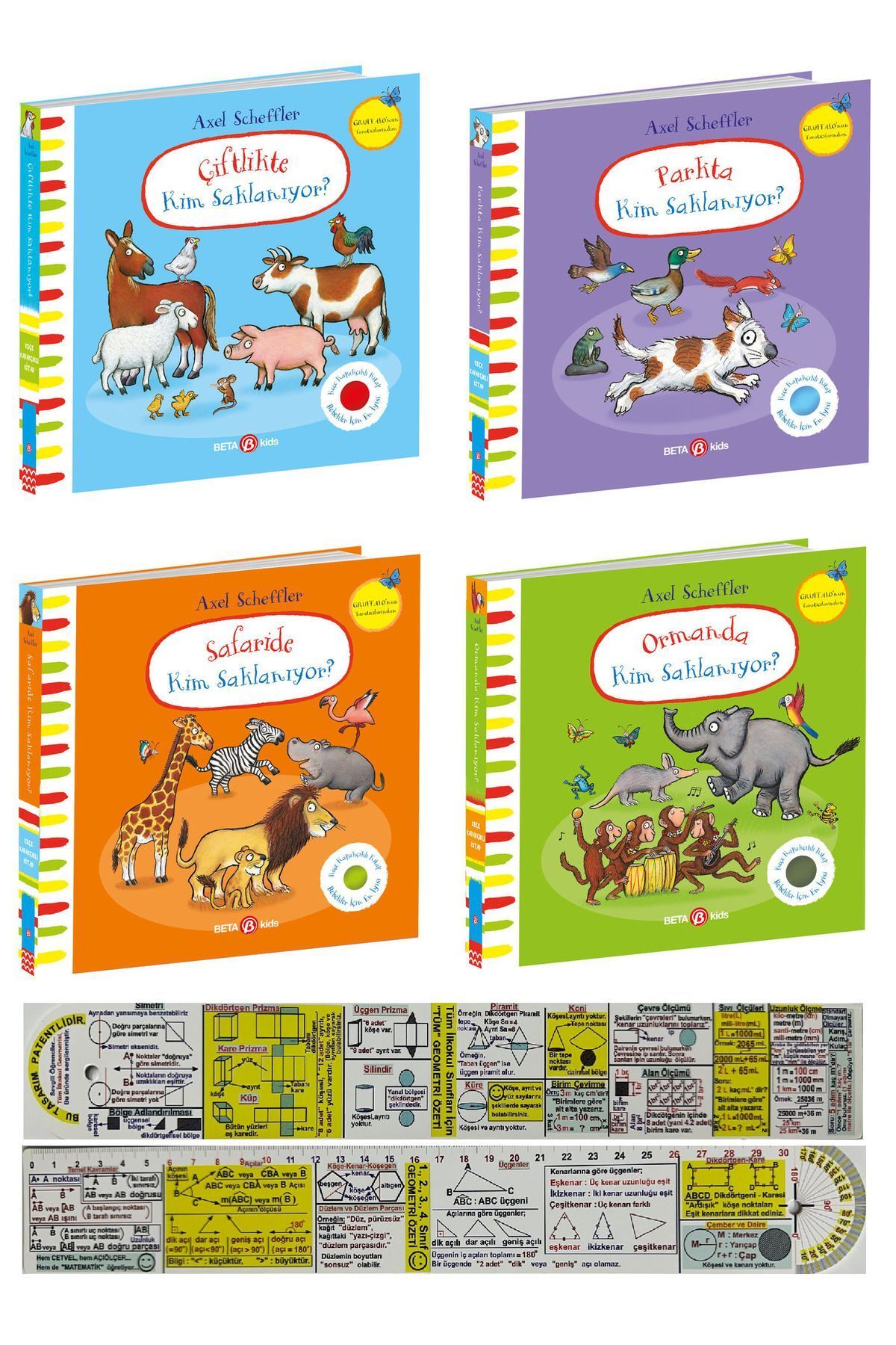 Beta Kids Çiftlikte+Parkta+Ormanda+Safaride Kim Saklanıyor 4'lü Keçeli Kitap Set + Matematik Öğreten Ayraç