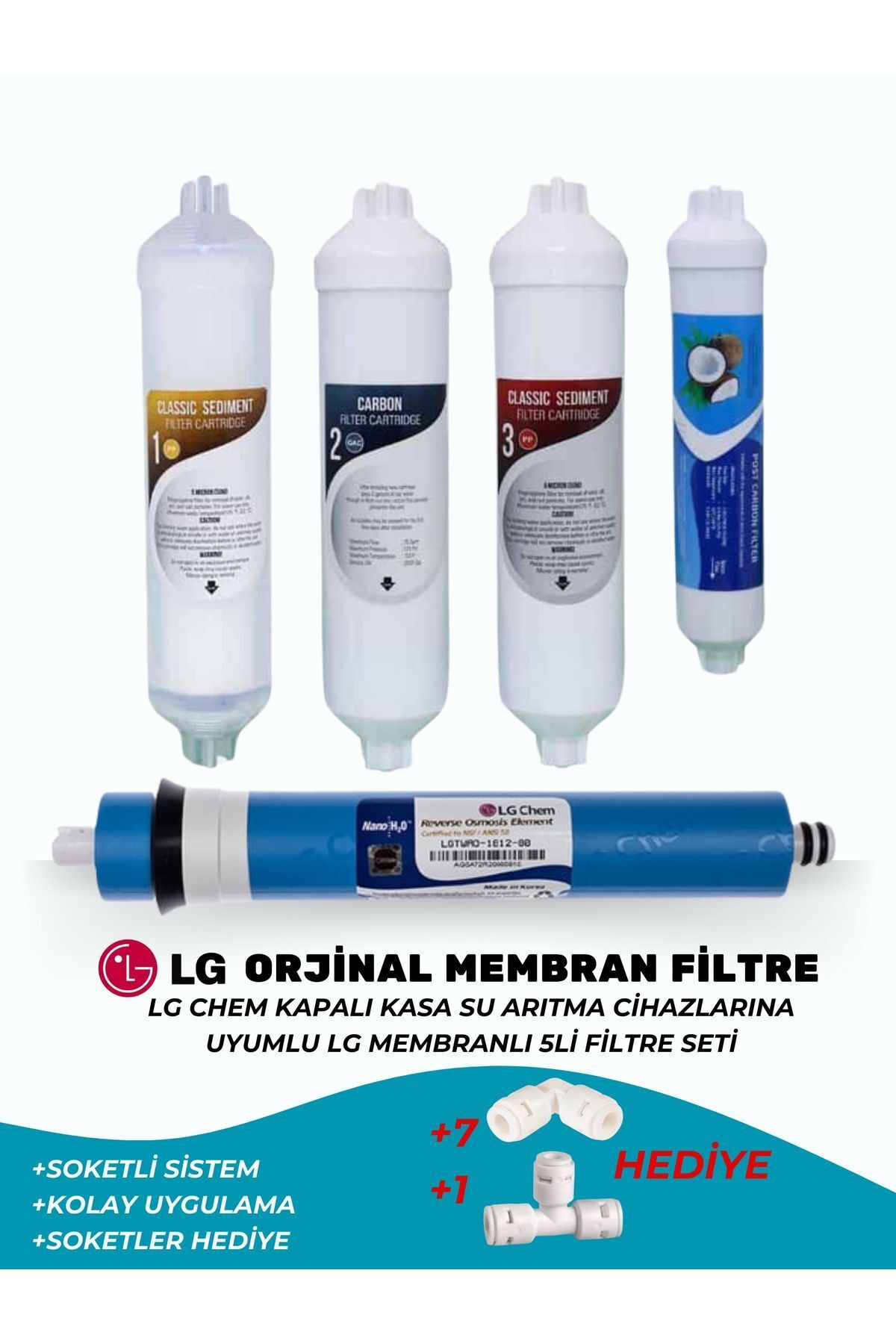 LG Chem Full Lg Filtre Seti Soket Hediyeli Kapalı Kasa Su Arıtma Cihazlarına Uyumlu 5'li Filtre Seti