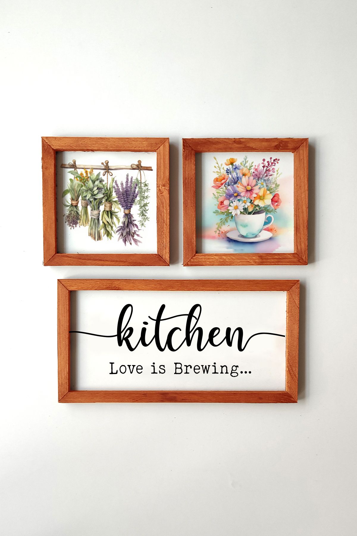 Tooall Kitchen Love is Brewing Yazılı, ahşap Çerçeveli 3 Parça Tablo Seti, Sulu Boya Efektli Yeşillikler