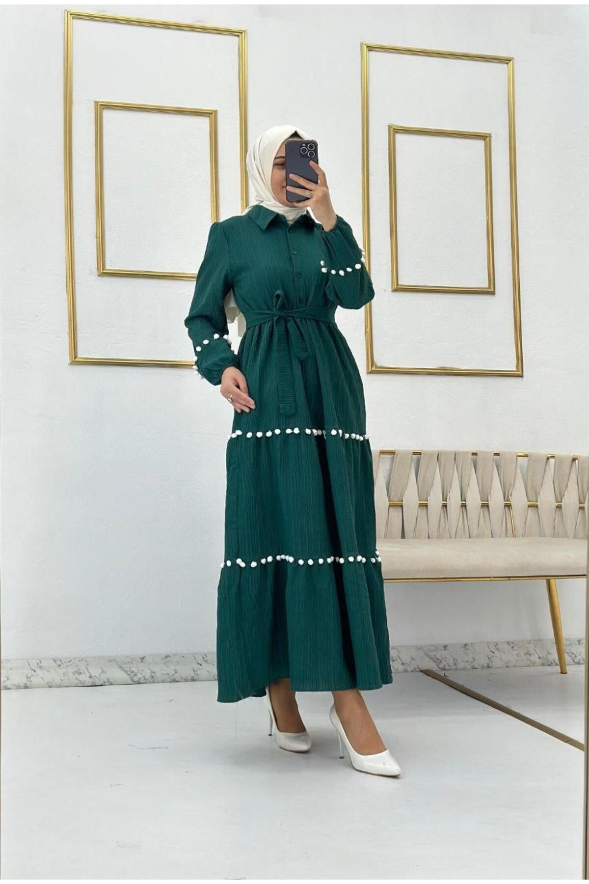 moda periy KOPYA - kadın modest basic mevsimlik rahat tarz günlük Ponpon Detaylı Tesettür Elbise