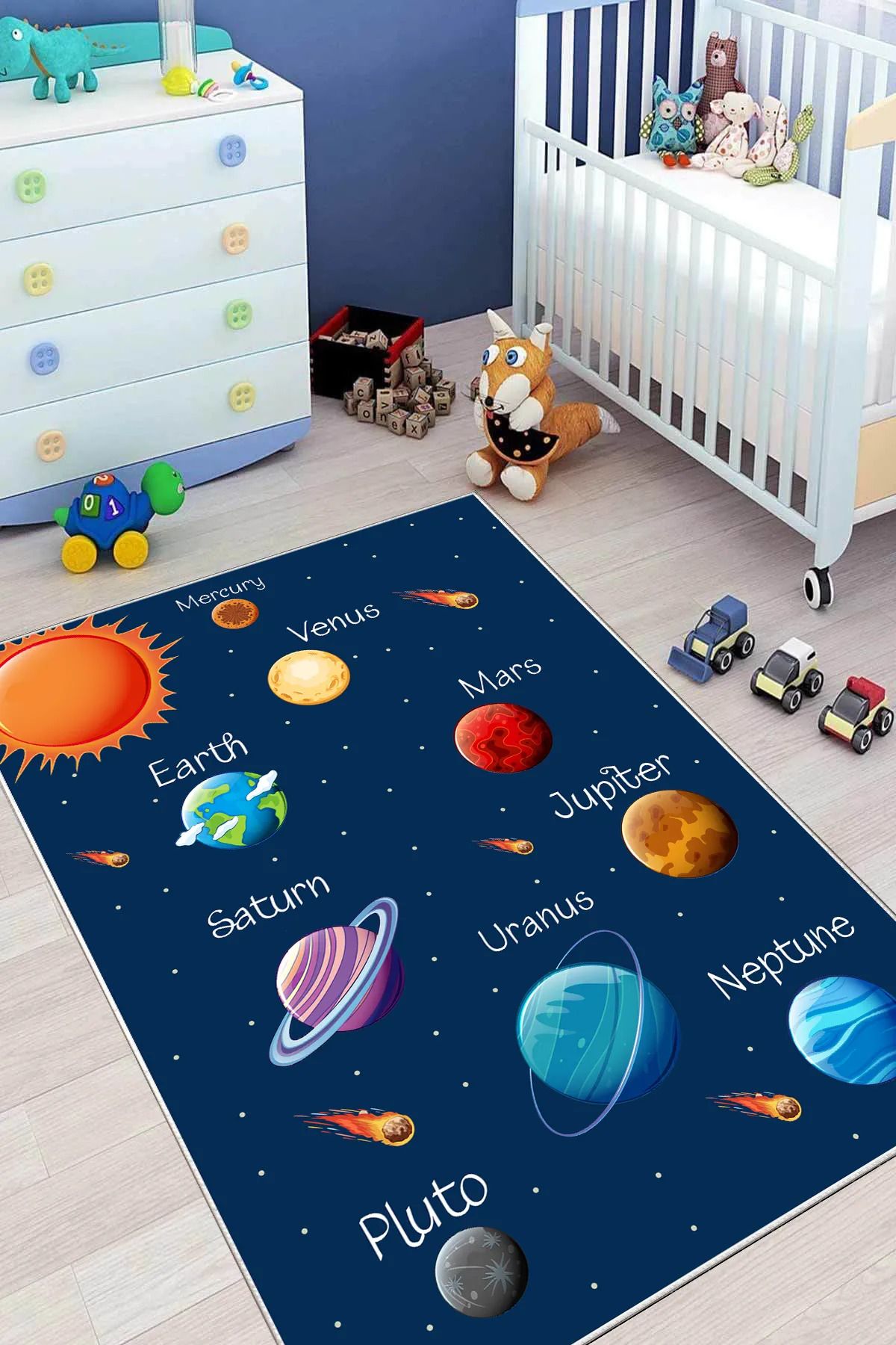 Halımax Cino Gezegenler Çocuk Odası Halısı Lacivert Oyun Matı Leke Tutmaz Yıkanabilir Kaymaz Taban