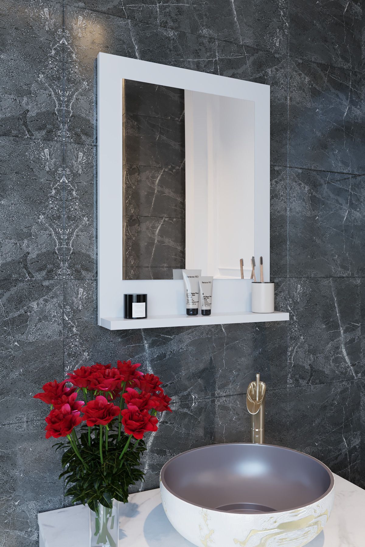 TETTO ELAGANTE Safir Banyo Aynası, Dresuar,60x45 Beyaz Raflı Banyo Aynası Tetto038 Tetto45