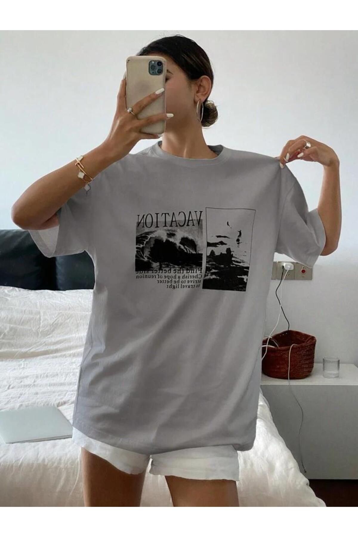 AFROGİYİM Kadın Vacation Manzara  Baskılı Oversize T-shirt