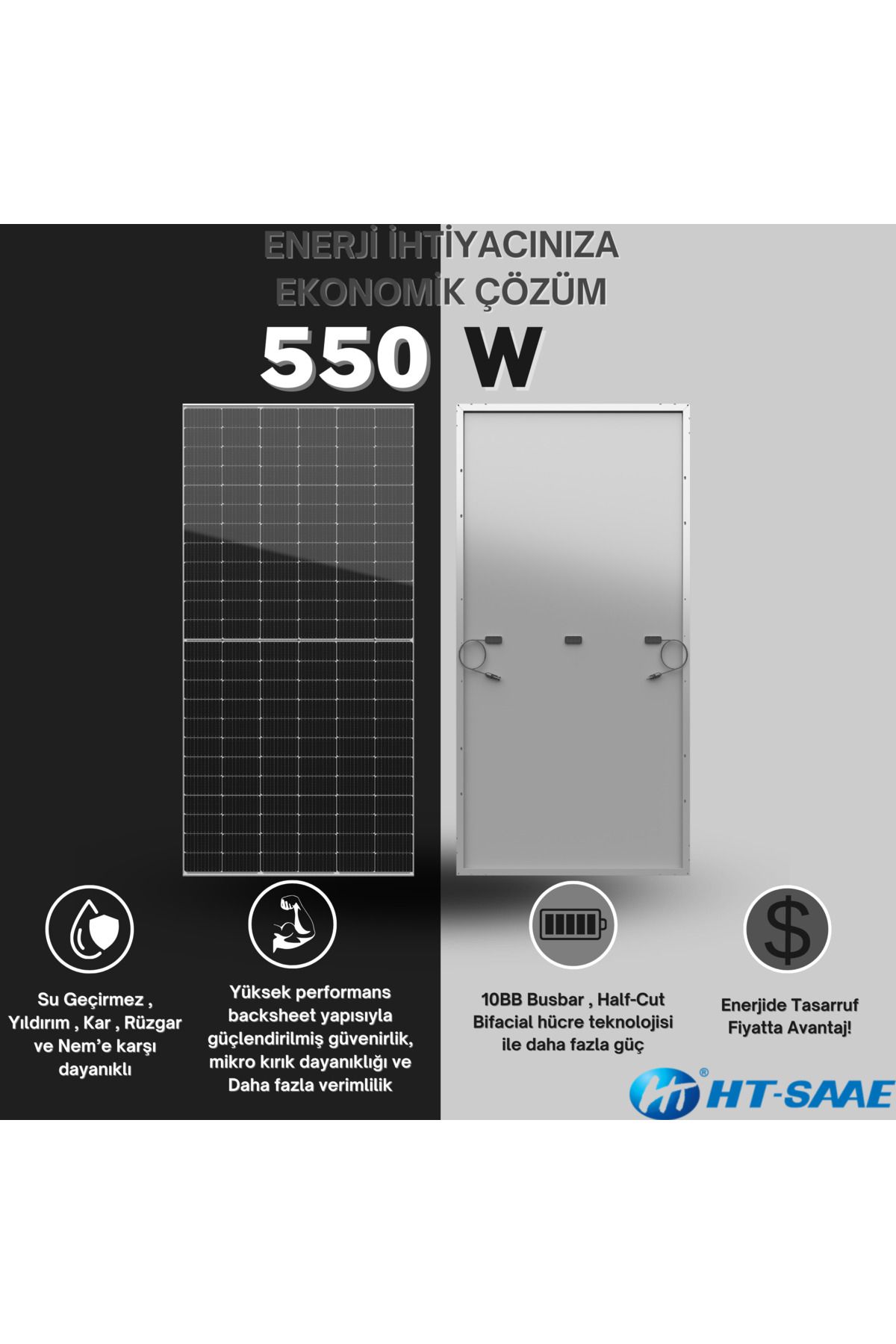 HT-SAAE Ht72-18x 550 Watt Beyaz Arka Yüz Güneş Enerji Paneli Half-cut Yüksek Verimli