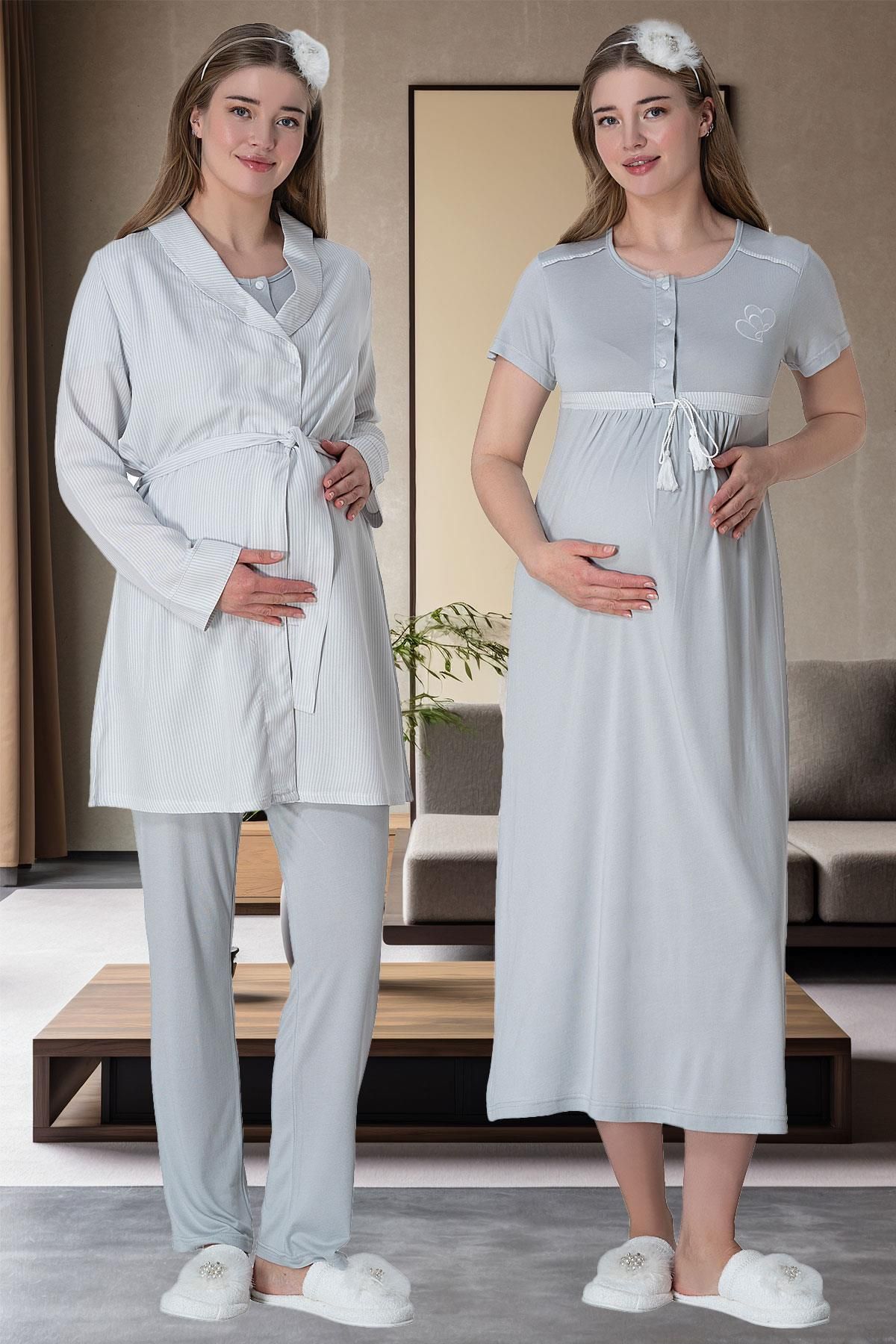 Lohussa Kadın Gri Çizgili Tasarım Sabahlıklı Lohusa Hamile Sabahlık Pijama Takımı Gecelik Set