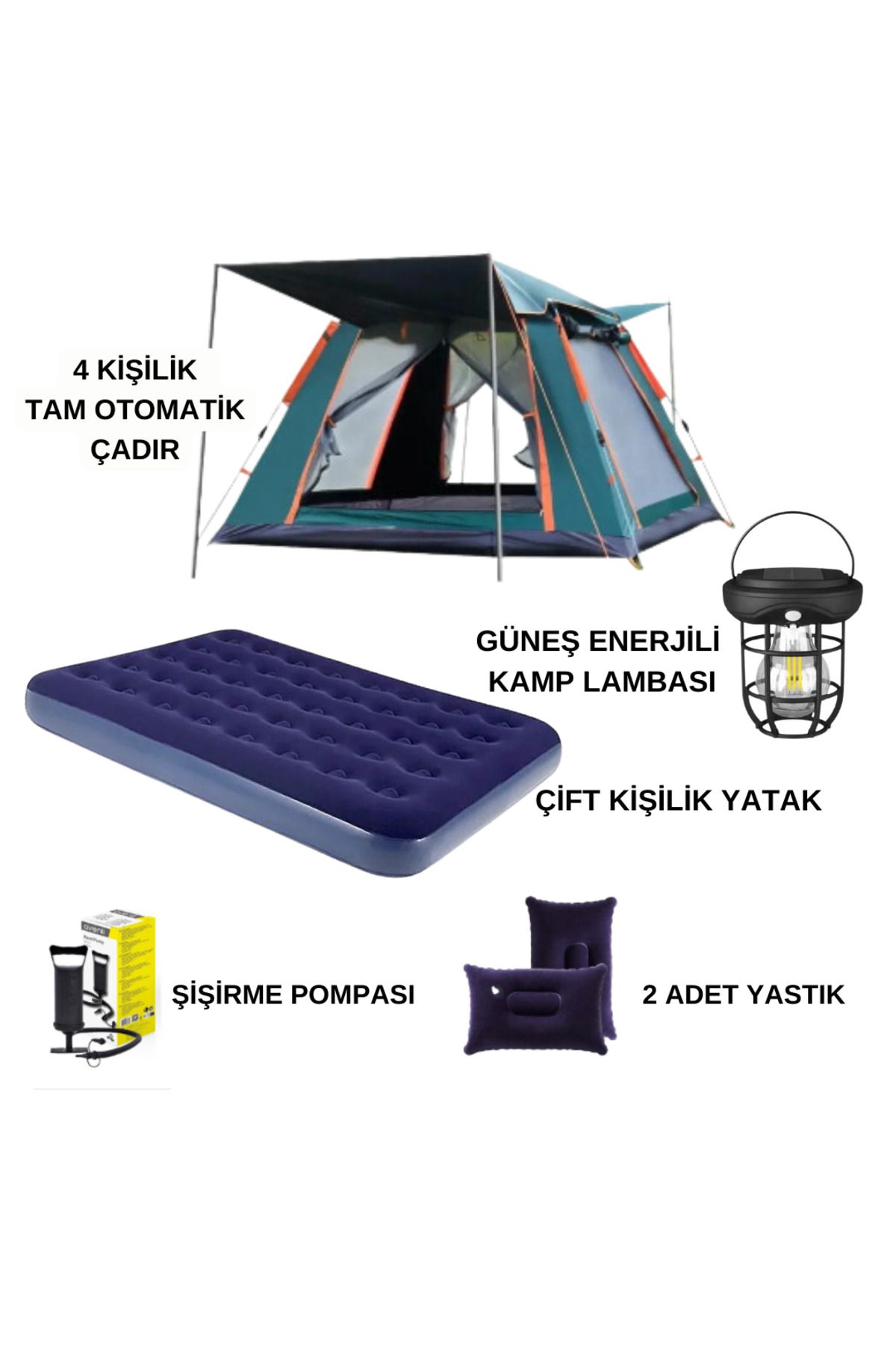 post alley 4 Kişilik Tam Otomatik Tenteli Kamp Çadırı + Çift Kişilik Şişme Yatak Seti + Lamba (Kamp Seti)