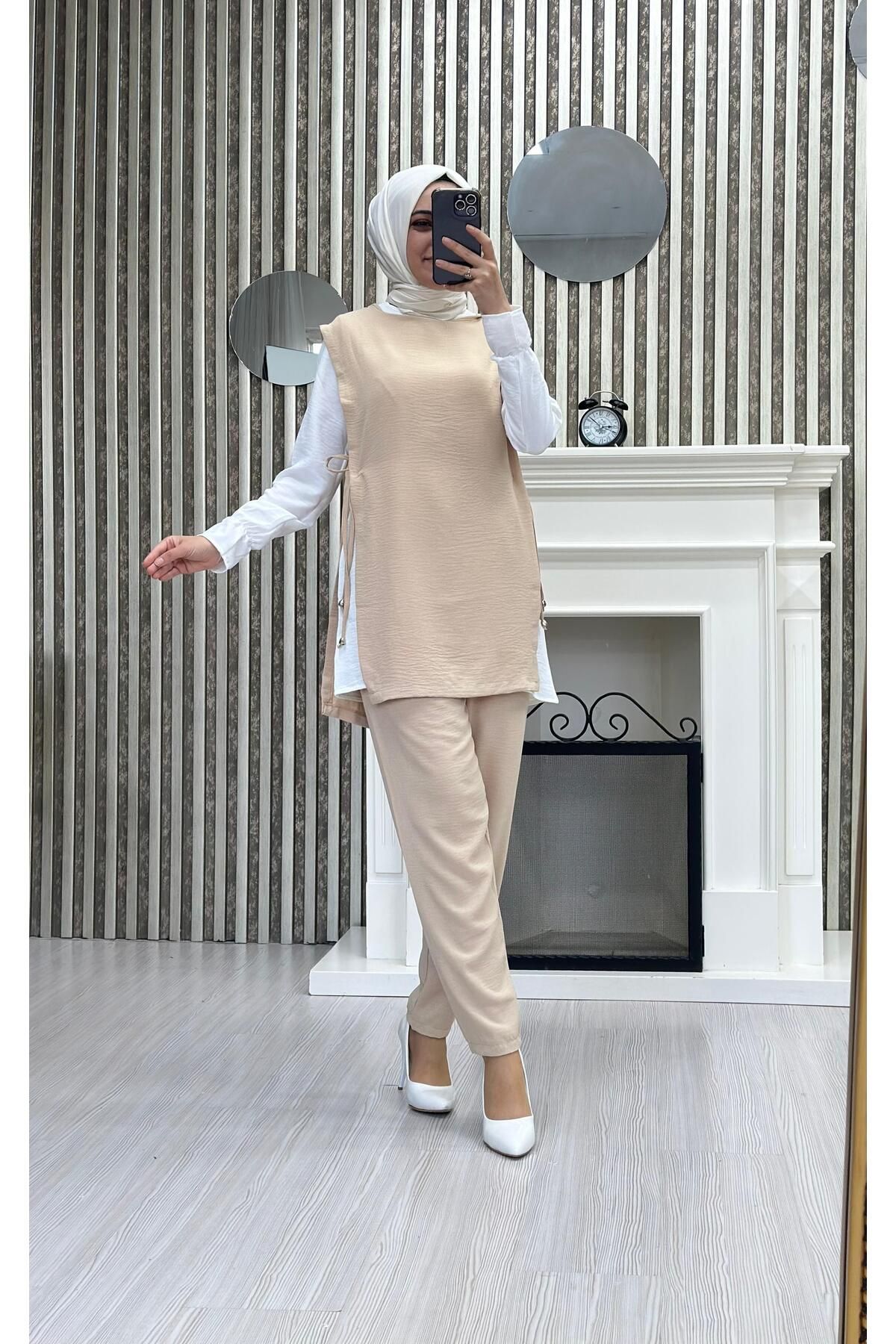 moda periy Kadın Yazlık Mevsimlik Yandan Bağlamalı  Yelek Pantolon Bluz Takım 3'lü Tesettür Kombin