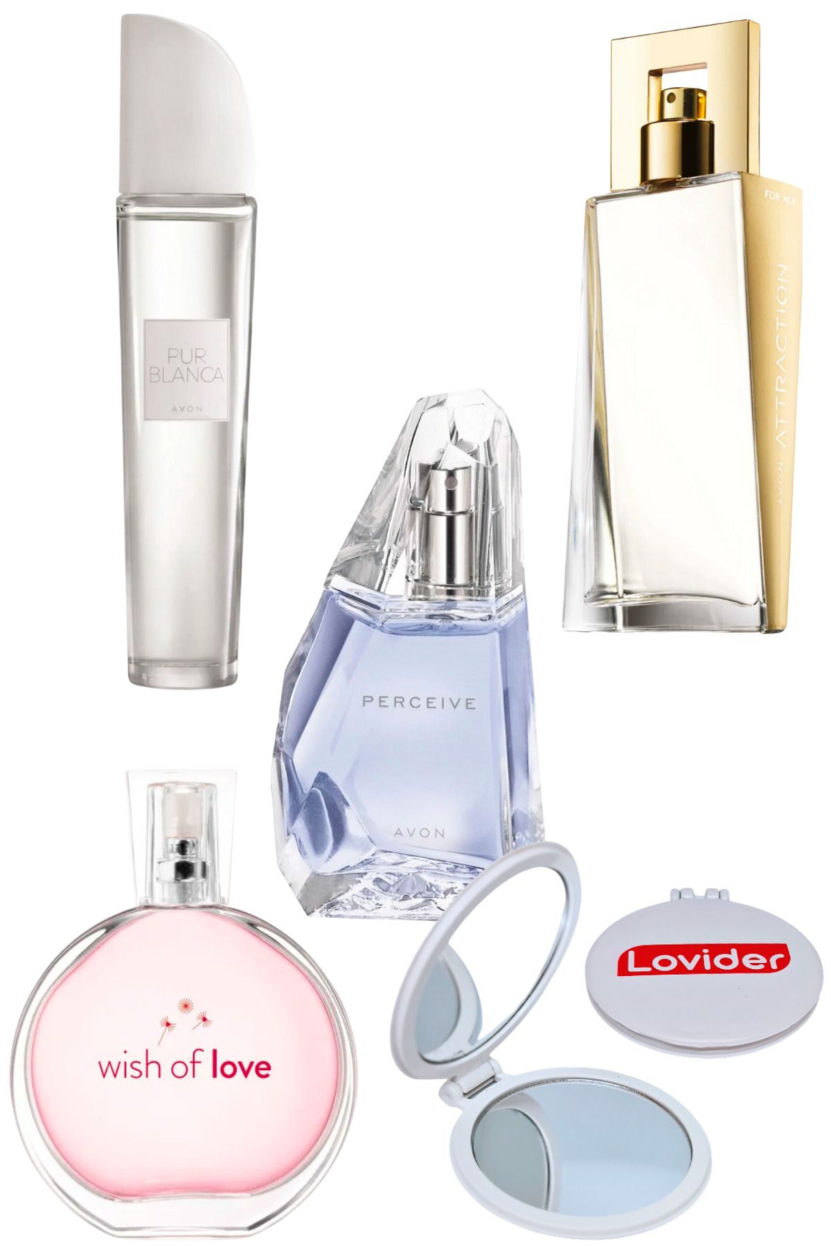 Avon Kadın Parfüm Seti; Pur Blanca + Wish Of Love + Perceive + Attraction + Lovider Cep Aynası