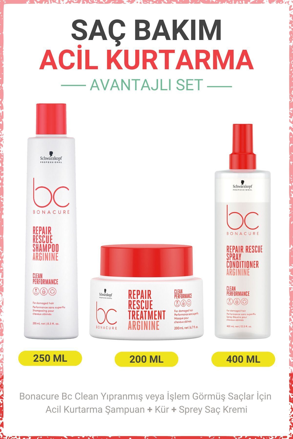 Bonacure BC Clean Acil Kurtarma Şampuanı + Kür + Sprey Saç Kremi - Yıpranmış veya İşlem Görmüş Saçlar İçin