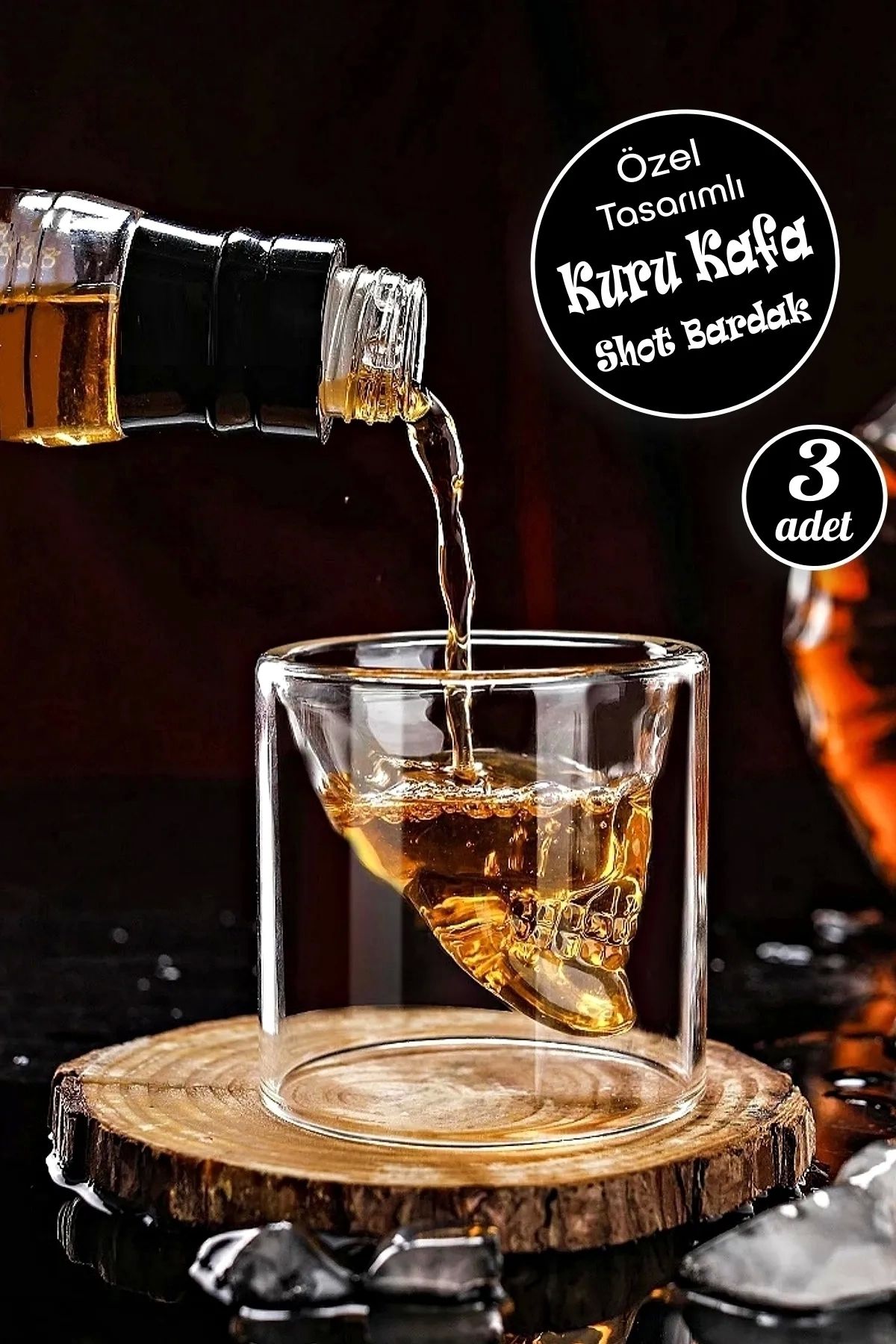 Berdina Home 3'lü Kuru Kafa Viski Shot Bardağı Çift Cidarlı Bardak Kristal Skull Tasarım Kokteyl