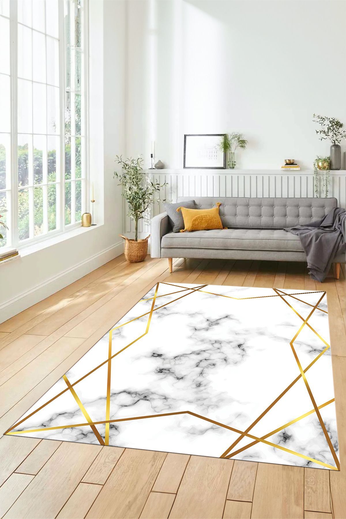 EY HOME Modern Mermer Desenli Dijital Kaymaz Yıkanabilir Yolluk Koridor Salon Halısı, MERMER-15-GOLD,