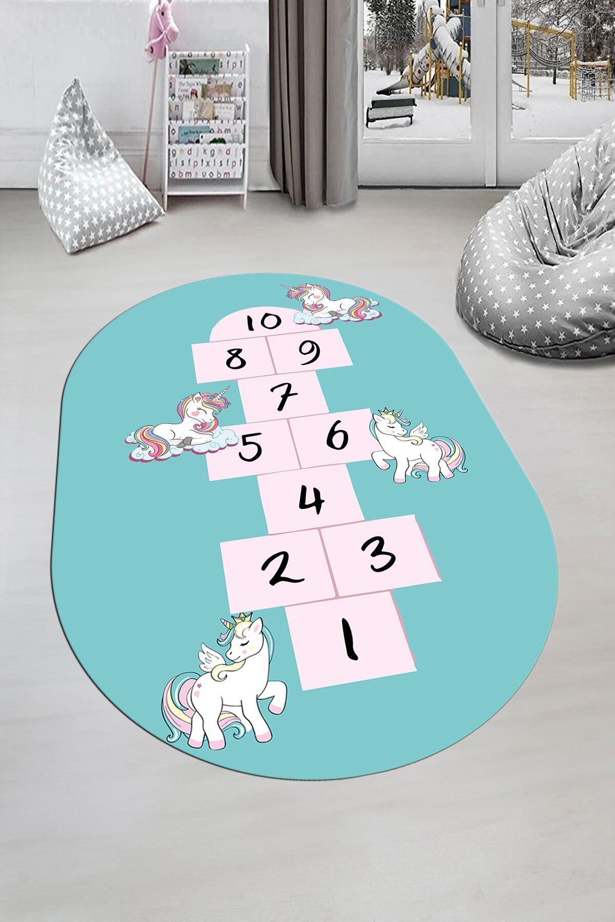 EY HOME Unicornlu Sek Sek Desen Yıkanabilir Eğlenceli Oval Çocuk Odası Oyun Halısı, O-ÇOCUK-37-TURKUAZ,