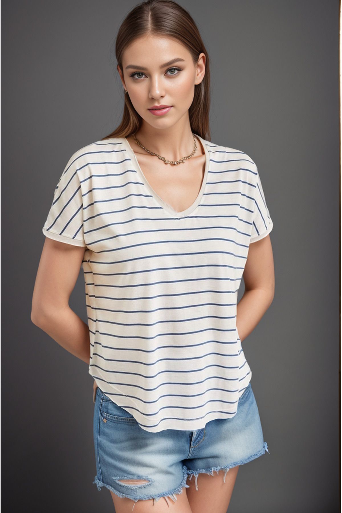 LoomTex Kadın Mavi V Yaka Çizgili Oversize Tişört