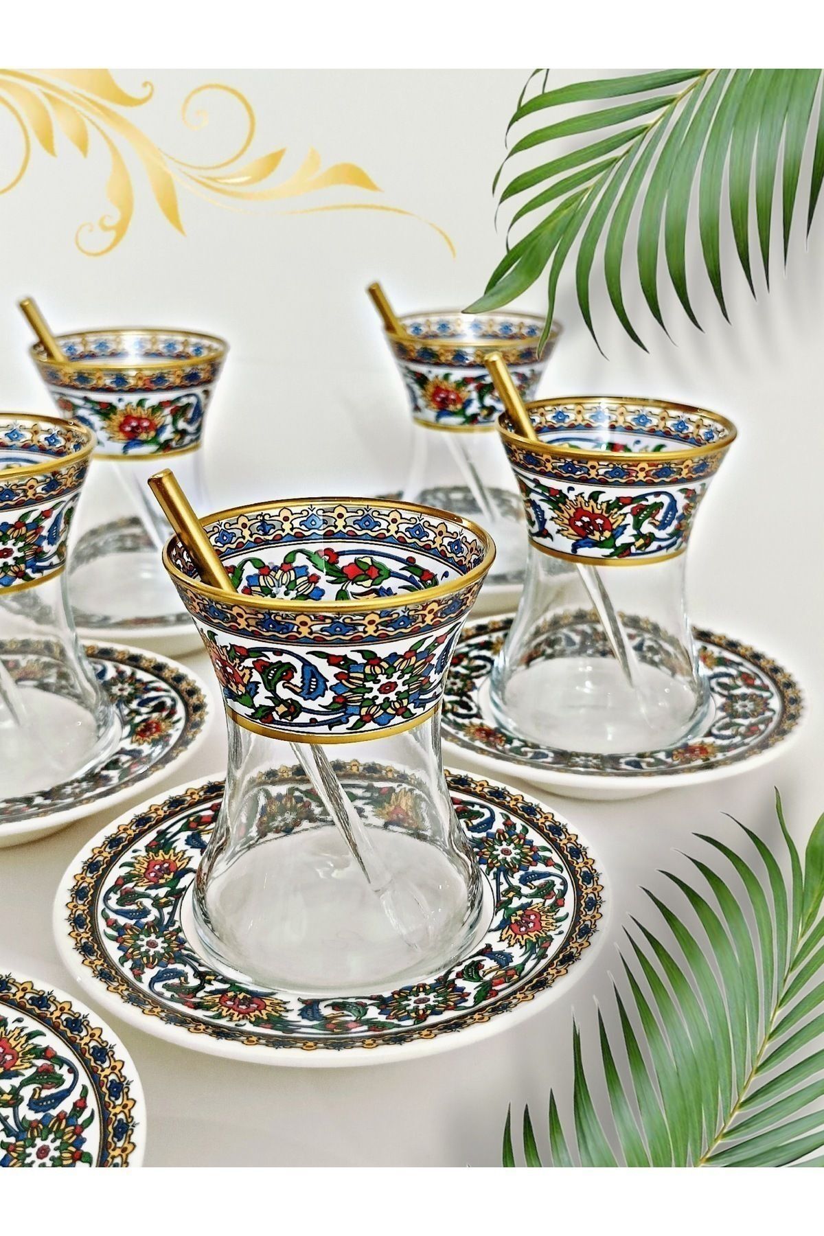 SAMSA Altın Bitkisel Çini Desenli Cam Porselen 6 Kişilik Çay Seti Tea Set For 6 Persons Premium Porcelain