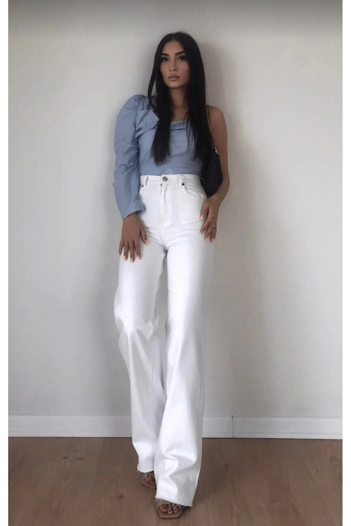 dressmix Pamela 90's Kadın Beyaz Likralı Süper Yüksek Bel Salaş Jeans Palazzo Kot Pantolon