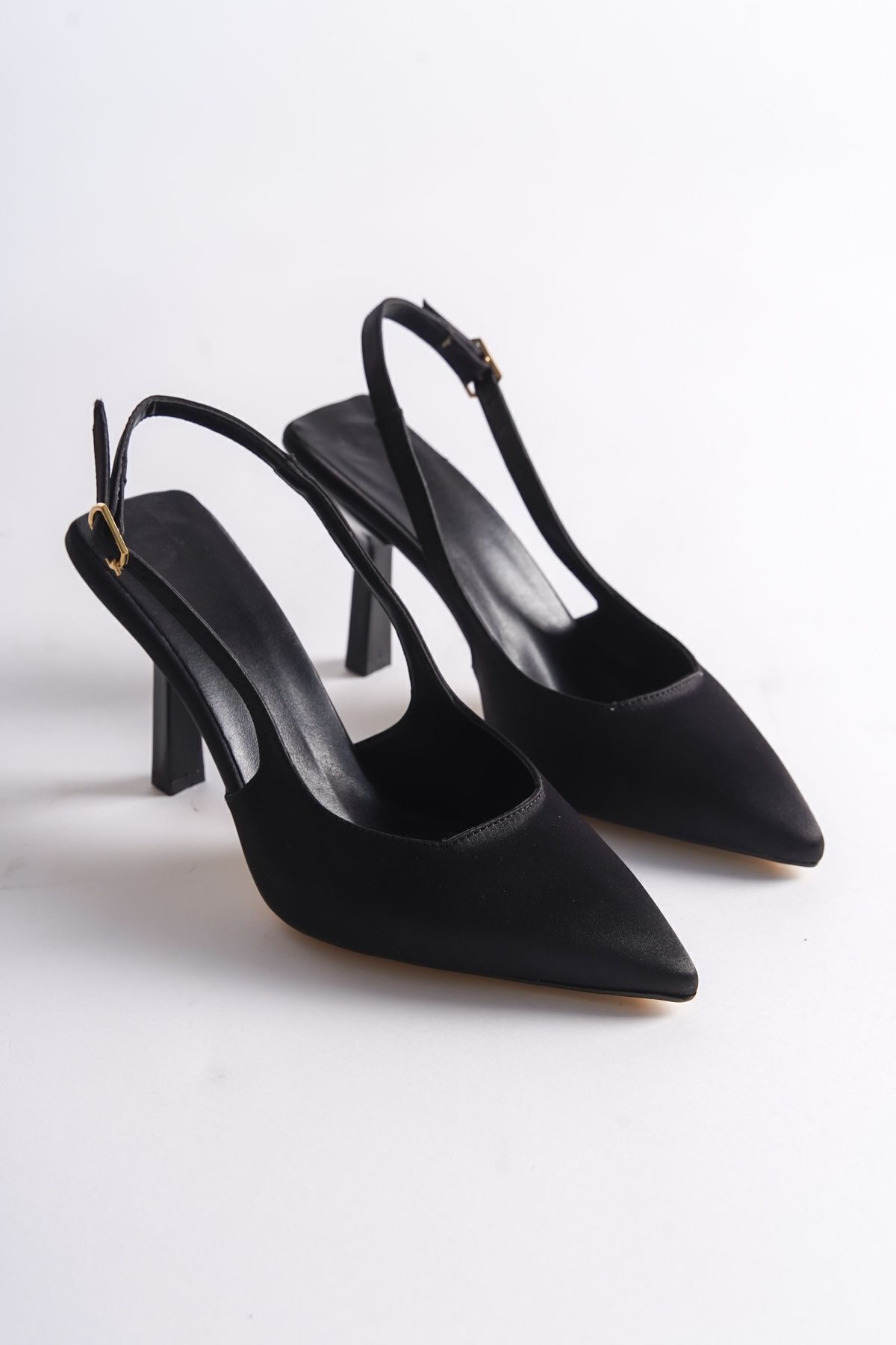 oyyo Saten Stiletto Sivri Burun Arkası Bantlı Topuğu Açık Günlük Rahat Kadın Topuklu Ayakkabı