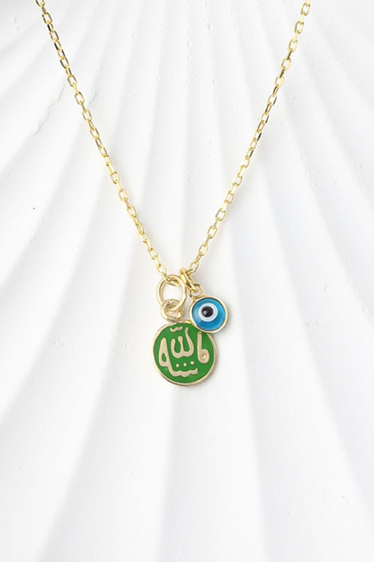 By Barun Silver Allah Yazılı Yeşil Mineli Nazar Boncuklu 925 Ayar Gümüş Kolye
