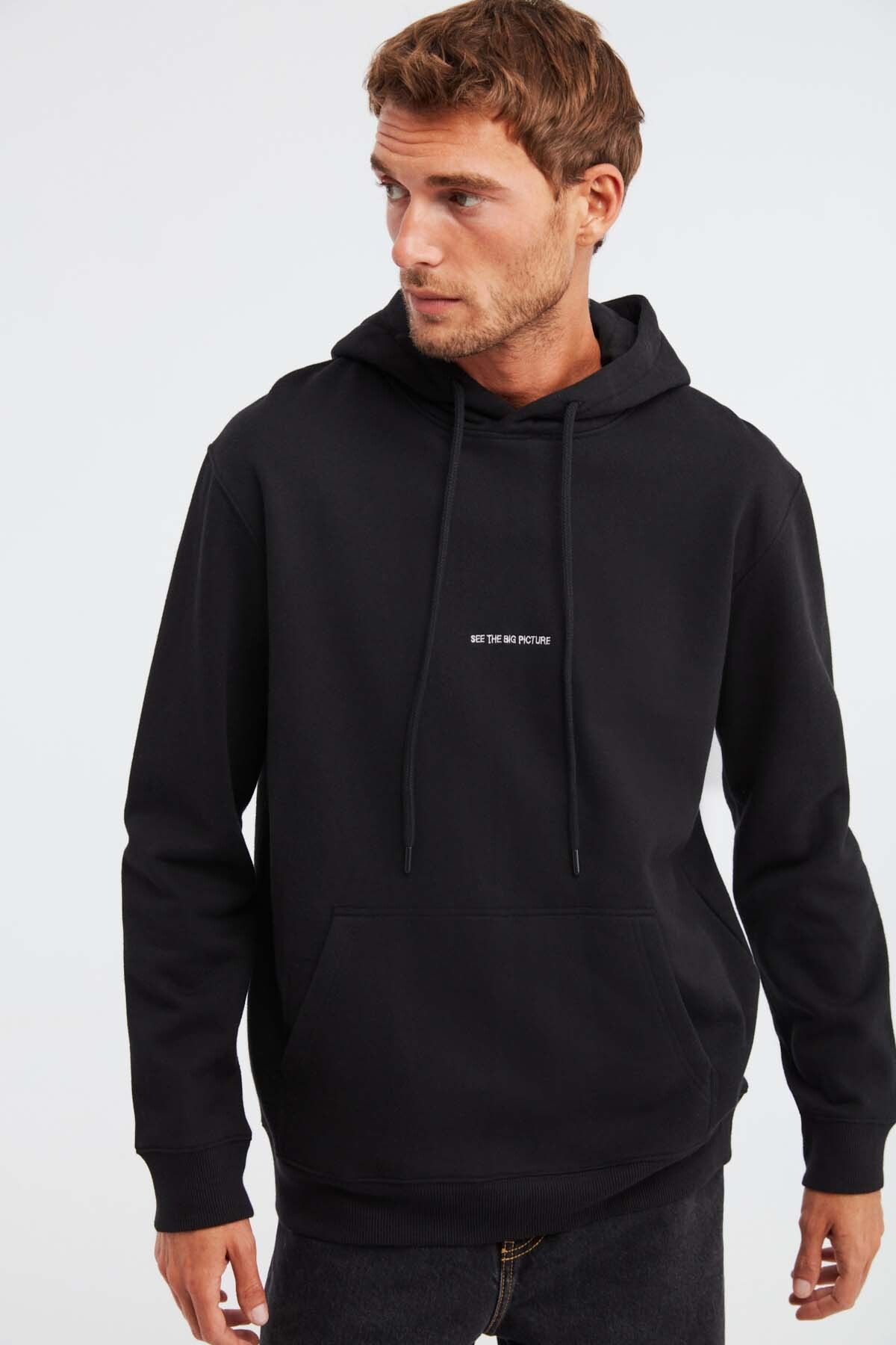 GRIMELANGE Epic Erkek Yumusaçık Kumaşlı Kapüşonlu Kordonlu Regular Fit Nakışlı Siyah Sweatshirt