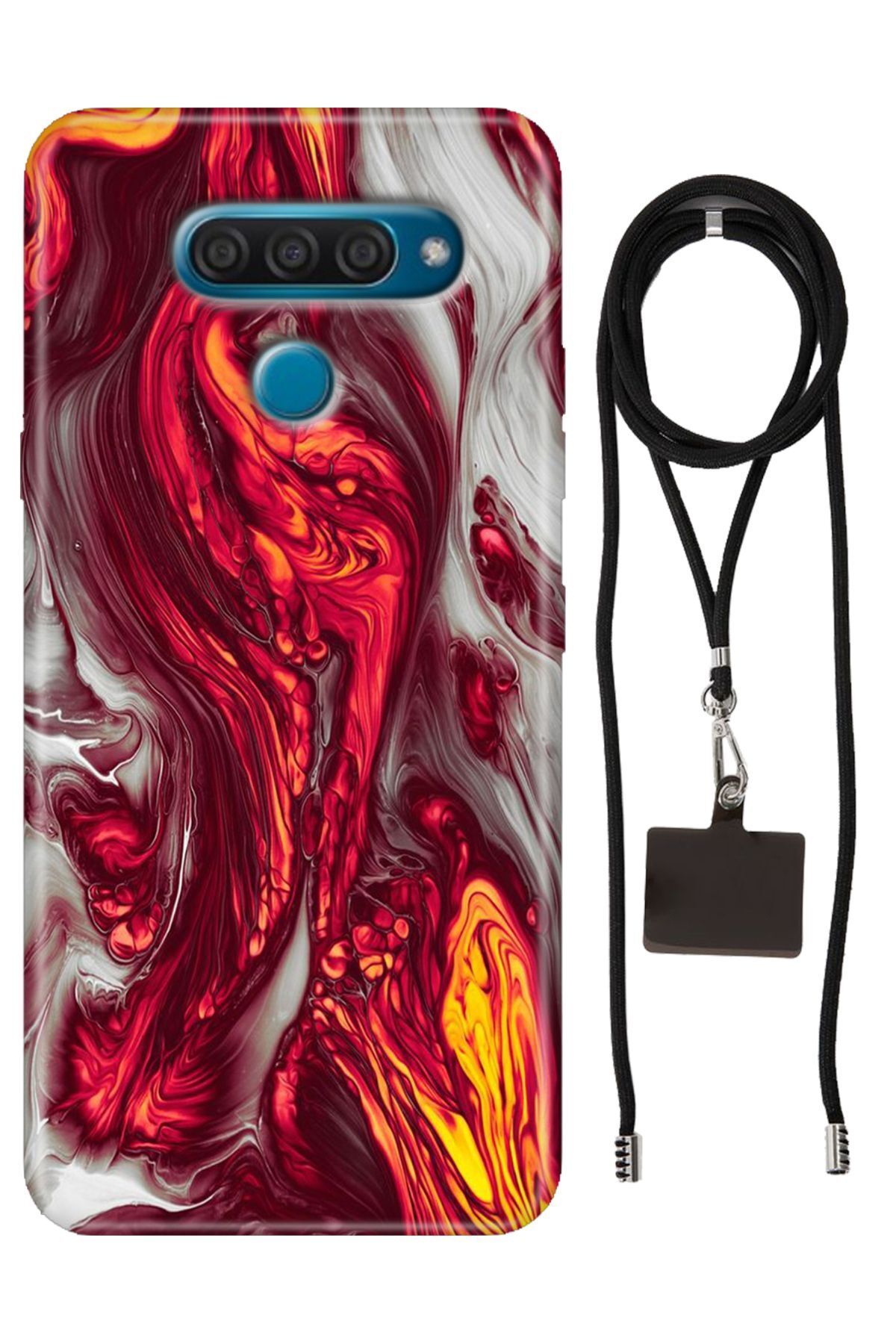 LG Q60 Kılıf Red Marbles Desenli Silikon İpli Boyun Askı Aparatı
