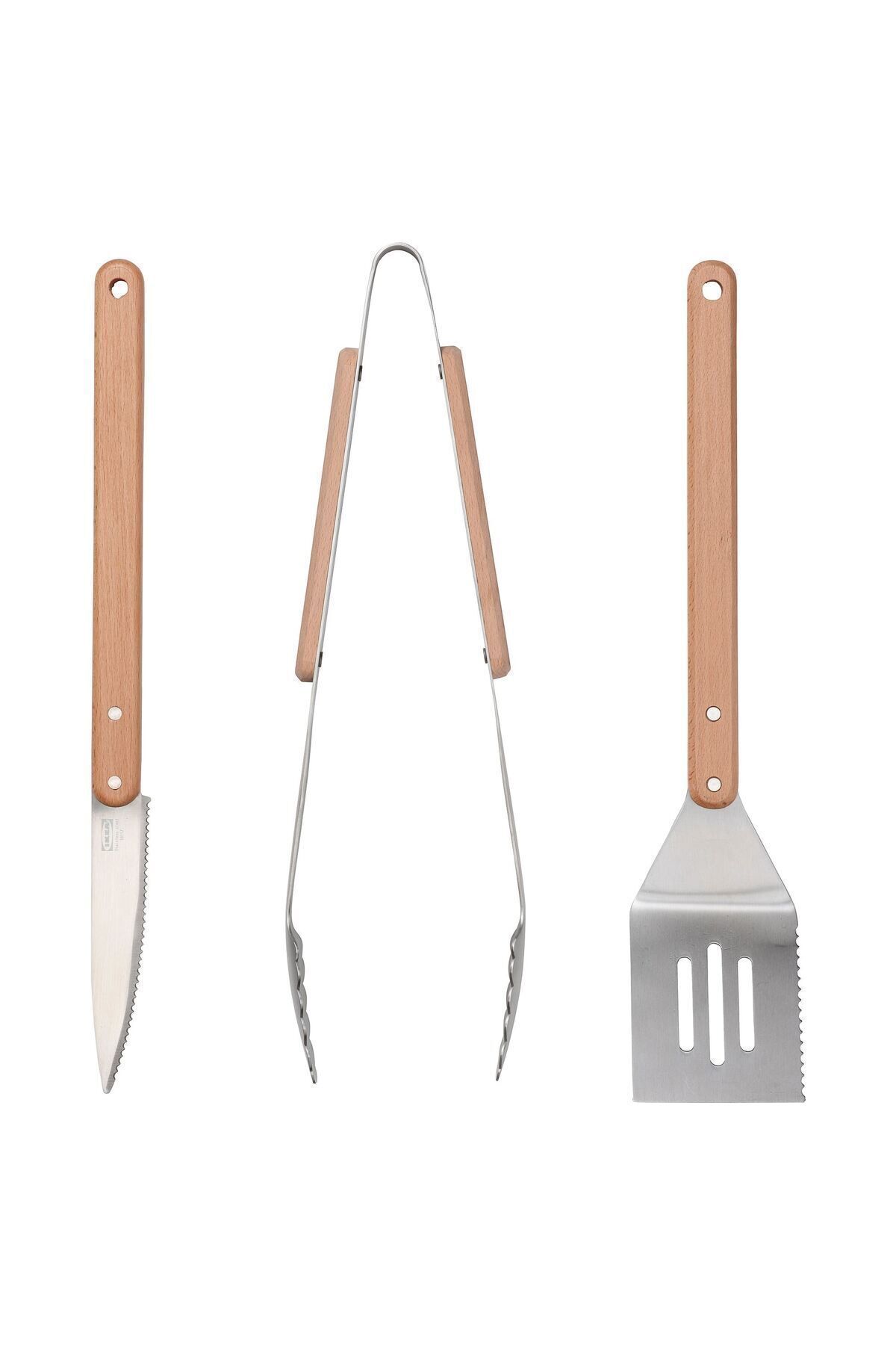IKEA GRILLTIDER barbekü gereçleri seti, maşa, spatula ve barbekü bıçağı, 3 parça